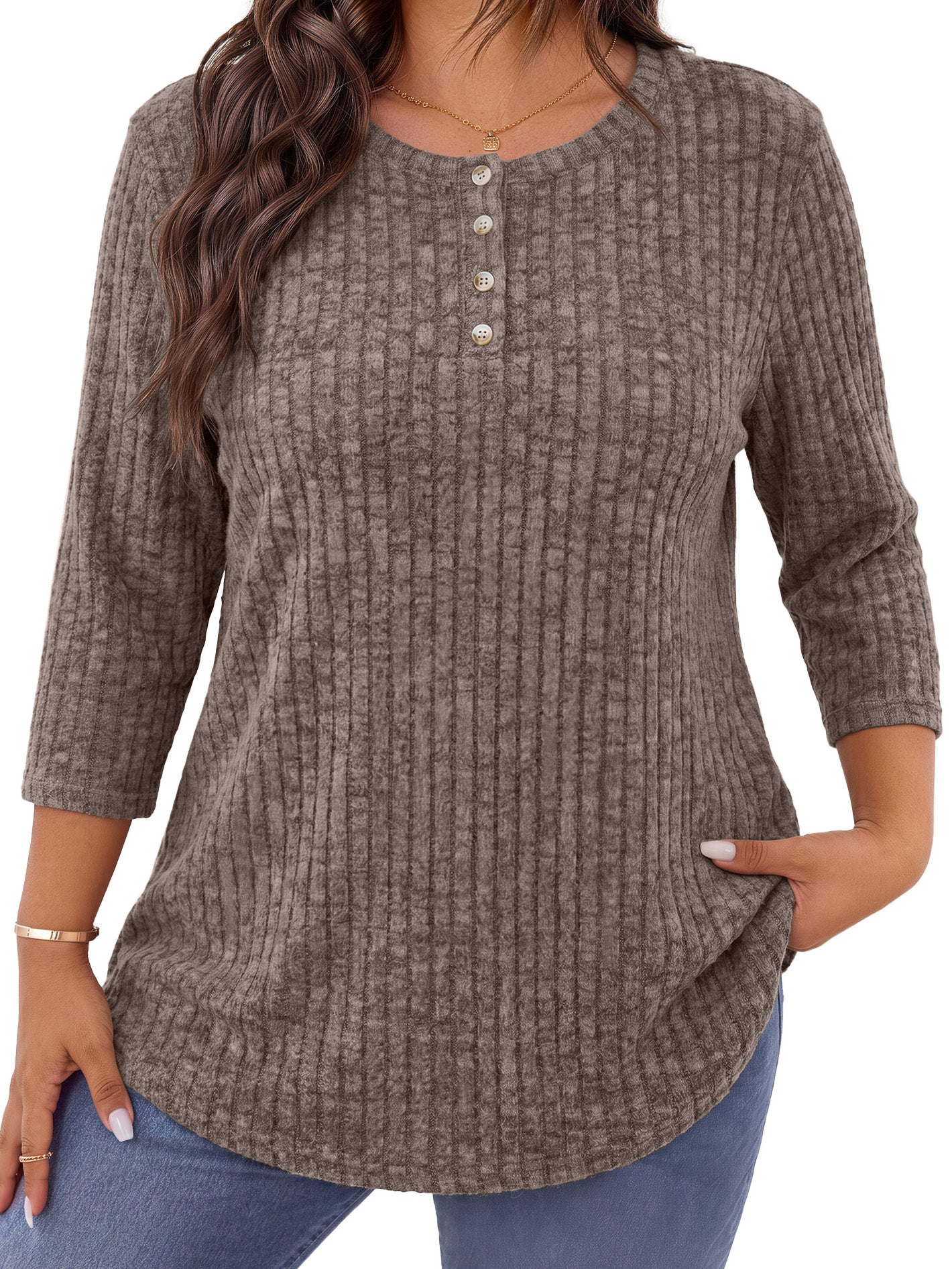 WellSize 3/4 Sleeve Blouses for Women Plus Size Henley Shirts Casual Crew Neck Tunic Tops Trendy Fall Pullover