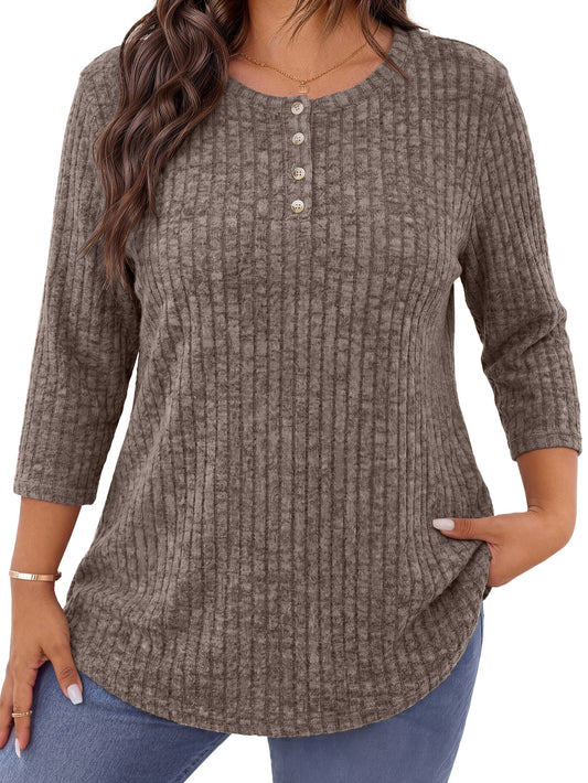 WellSize 3/4 Sleeve Blouses for Women Plus Size Henley Shirts Casual Crew Neck Tunic Tops Trendy Fall Pullover