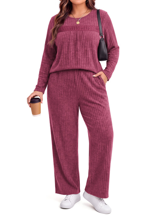 WellSize Womens Plus Size 2 Piece Outfit Sets Lace Long Sleeve Tops Wide Leg Pants Fall Travel Vacation Outfits Lounge Sets