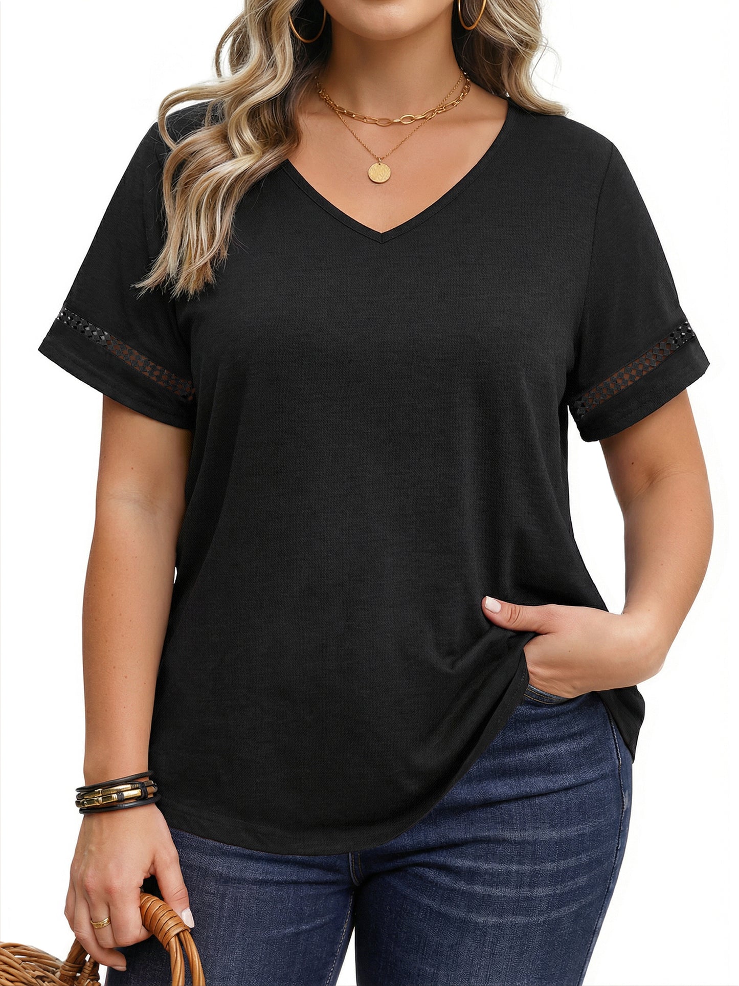 WellSize Plus Size V Neck Tops for Women Dressy Lace Short Sleeve Shirts Casual Summer Tunic Blouses