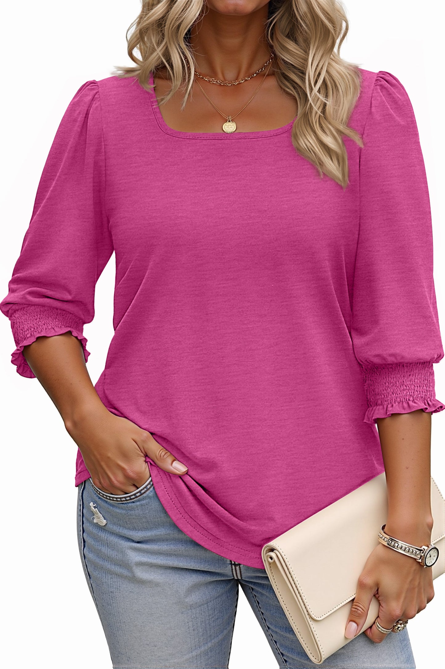 WellSize 3/4 Sleeve Womens Plus Size Tops Dressy Square Neck Causal Blouses Smocked Cuffs Summer Shirts