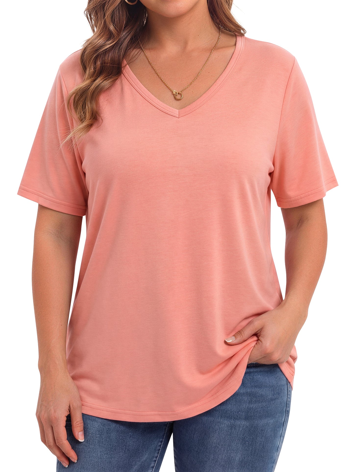 WellSize Plus Size Womens T Shirts V Neck Tunic Tops for Women Summer Short Sleeve Shirts Basic Tops