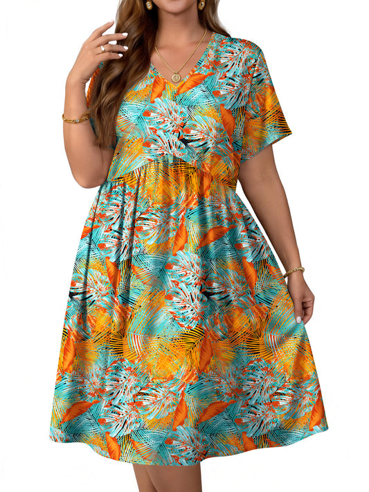 WellSize Plus size Dresses For Women Floral Casual V Neck Short Sleeve Sundresses Midi Summer Dress with Pockets