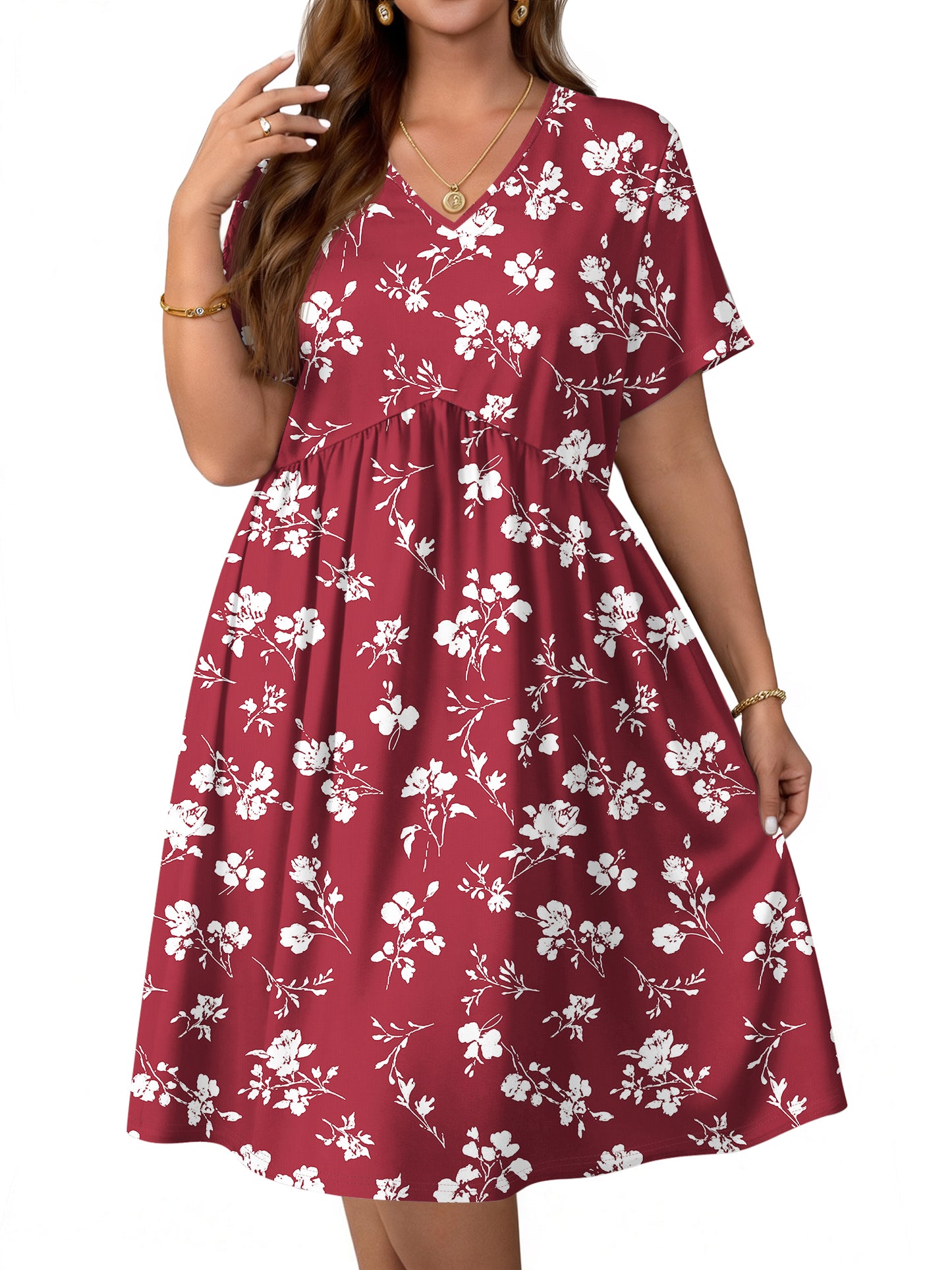 WellSize Plus size Dresses For Women Floral Casual V Neck Short Sleeve Sundresses Midi Summer Dress with Pockets