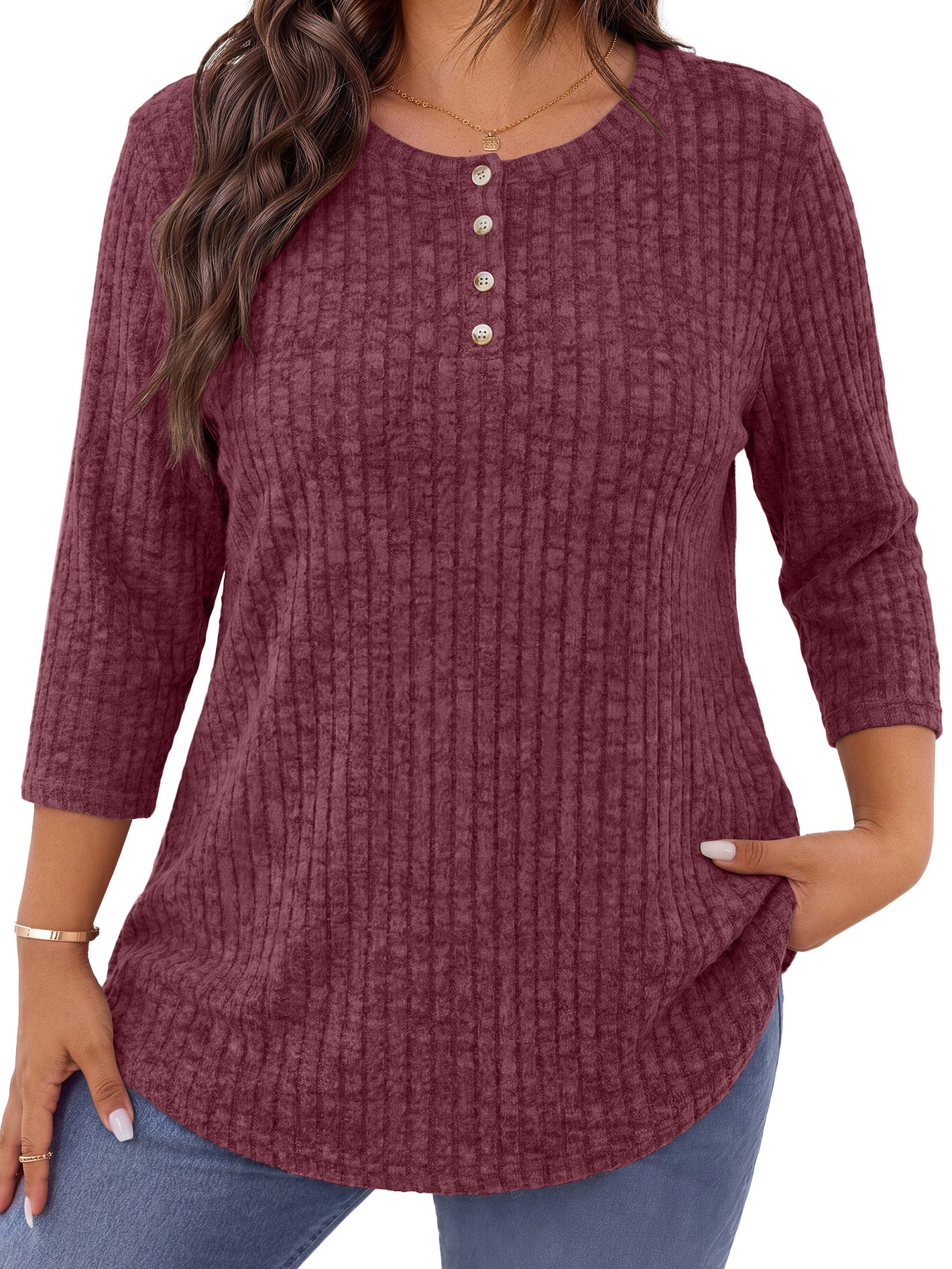 WellSize 3/4 Sleeve Blouses for Women Plus Size Henley Shirts Casual Crew Neck Tunic Tops Trendy Fall Pullover