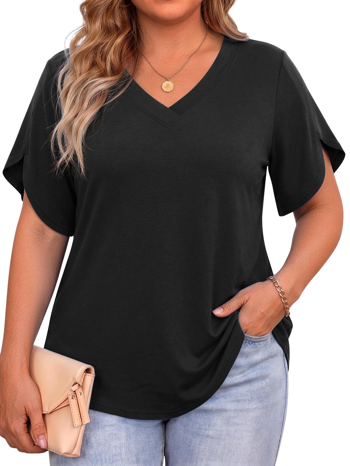 WellSize Plus Size Blouses for Women V Neck Short Petal Sleeve Tunic Tops Casual Summer Floral Shirts