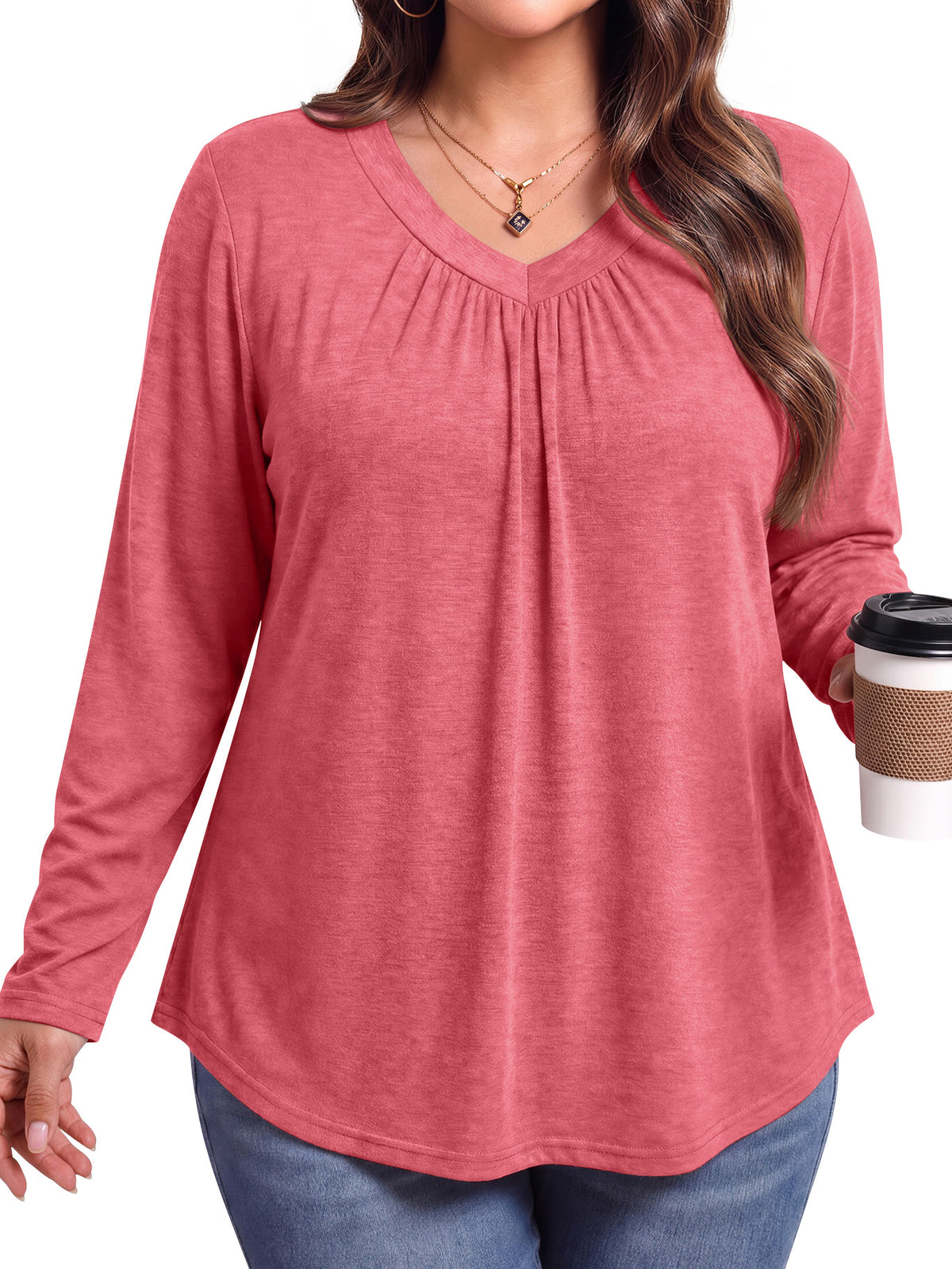 WellSize Womens Plus Size Tops Casual Pleated V Neck Fall Blouse Tunic Long Sleeve Shirts