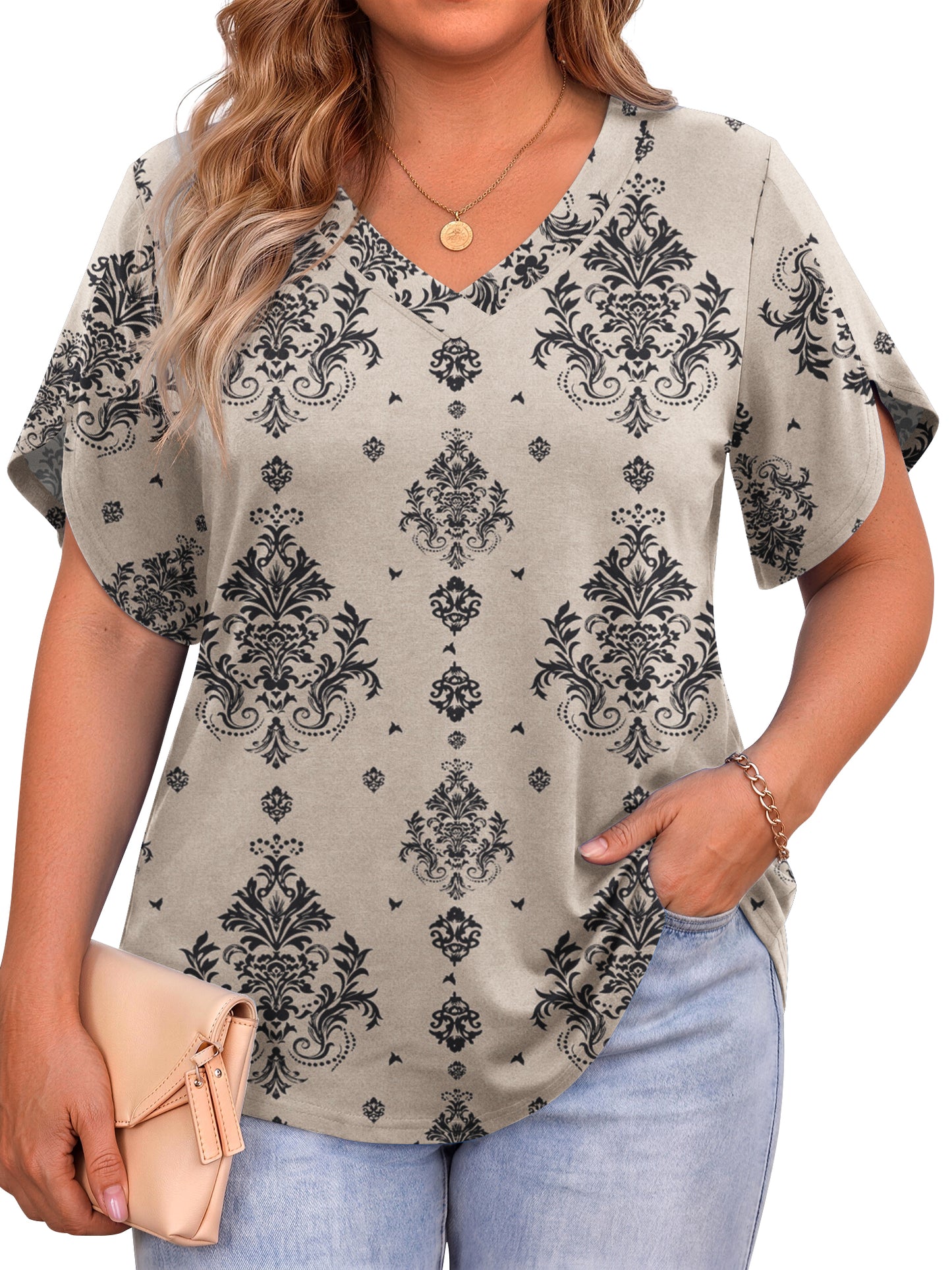 WellSize Plus Size Blouses for Women V Neck Short Petal Sleeve Tunic Tops Casual Summer Floral Shirts