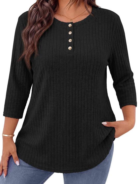 WellSize 3/4 Sleeve Blouses for Women Plus Size Henley Shirts Casual Crew Neck Tunic Tops Trendy Fall Pullover