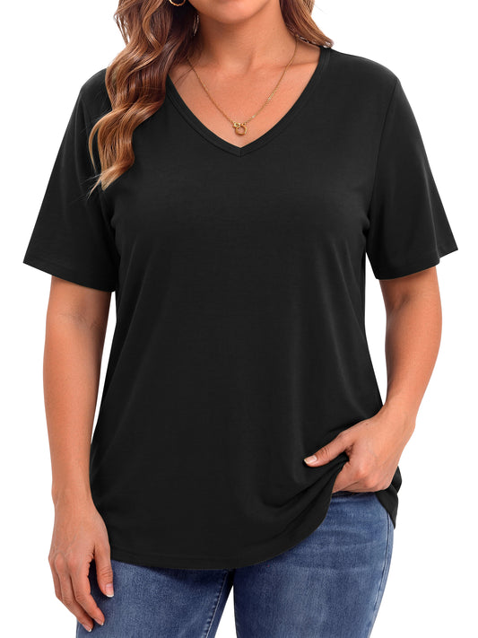 WellSize Plus Size Womens T Shirts V Neck Tunic Tops for Women Summer Short Sleeve Shirts Basic Tops