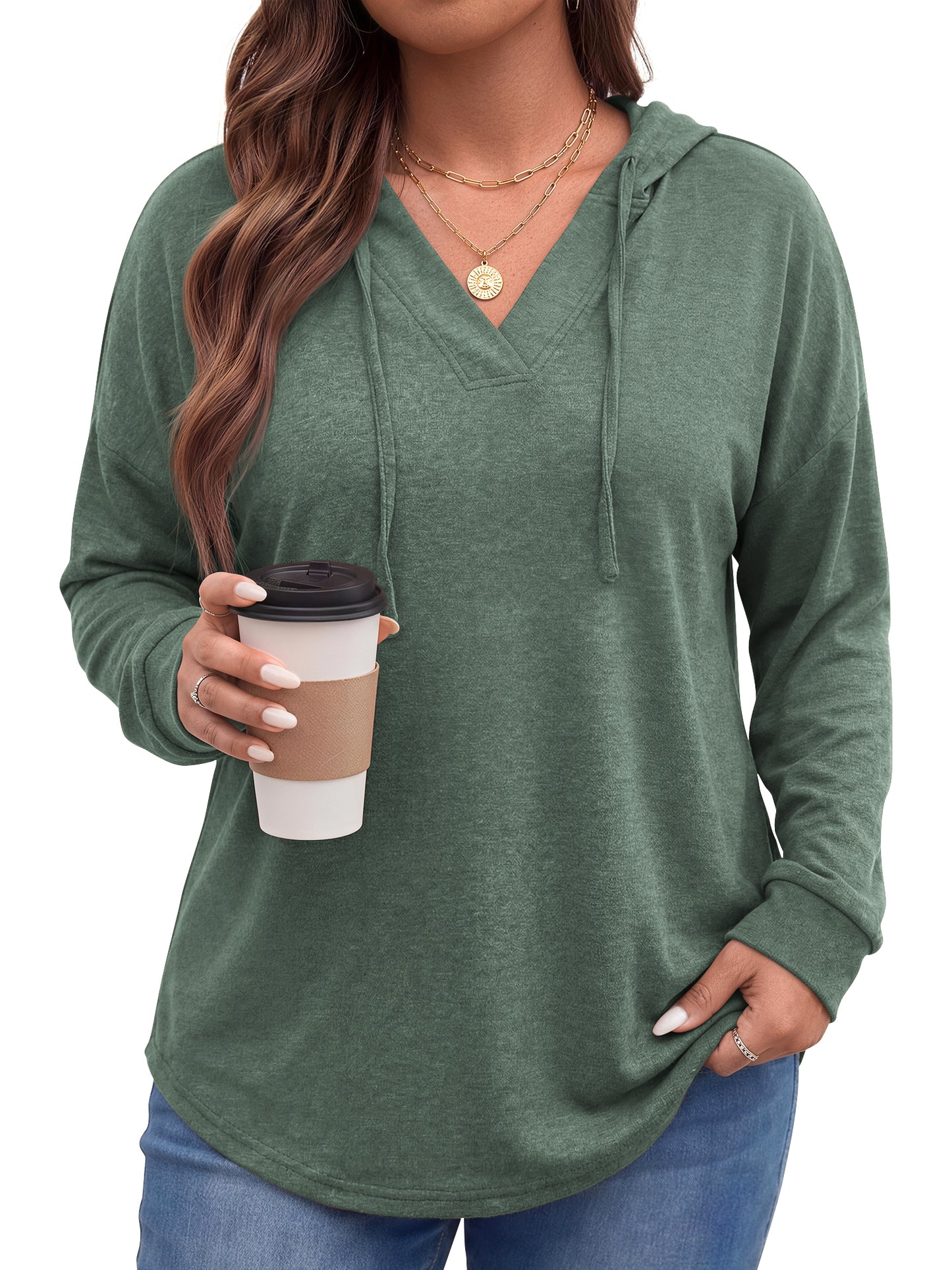 WellSize Plus Size Hoodies for Women V Neck Pullover Sweatshirts Drawstring Long Sleeve Tops Loose Fit Fall Outfits