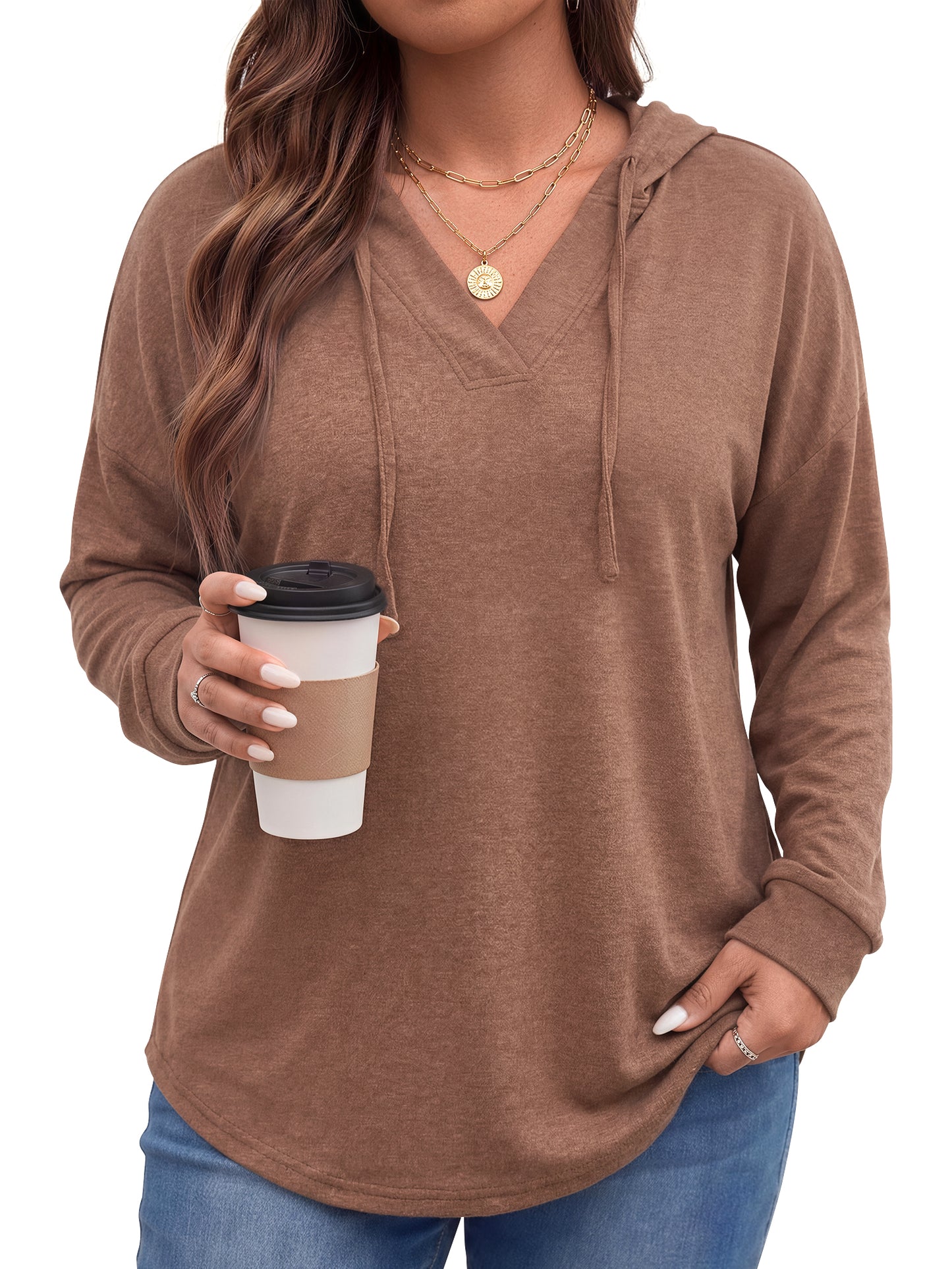 WellSize Plus Size Hoodies for Women V Neck Pullover Sweatshirts Drawstring Long Sleeve Tops Loose Fit Fall Outfits