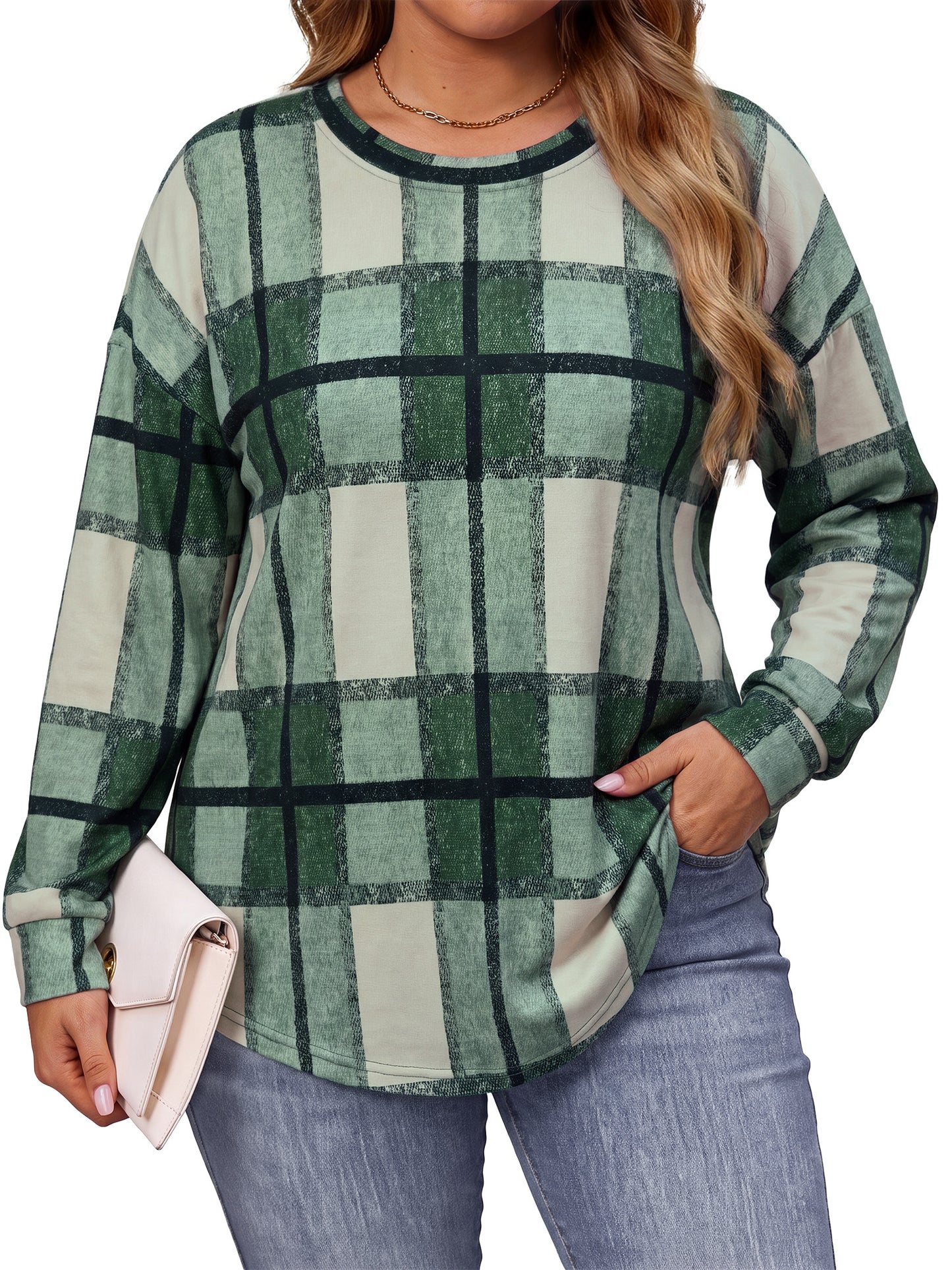 WellSize Plus Size Sweatshirts for Women Casual Plaid Crewneck Tops Tunic Pullover Sweatshirts Fall Outfits