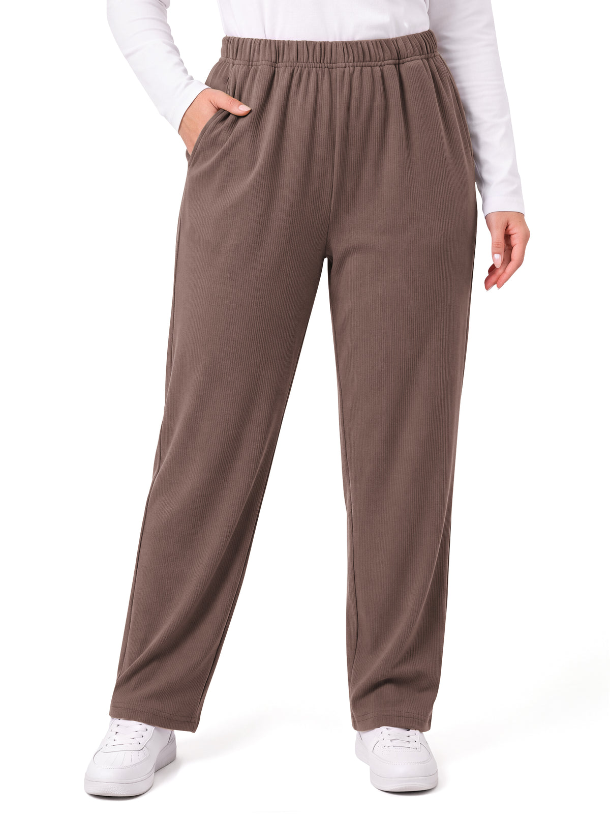WellSize Womens Plus Size Stretch Knit Pants Elastic Waist Tapered Pull On Pants Casual Lounge Pants with Pockets