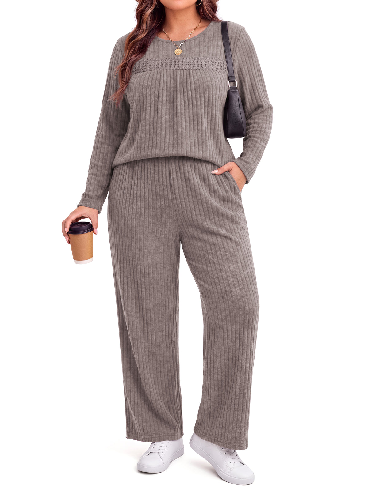 WellSize Womens Plus Size 2 Piece Outfit Sets Lace Long Sleeve Tops Wide Leg Pants Fall Travel Vacation Outfits Lounge Sets