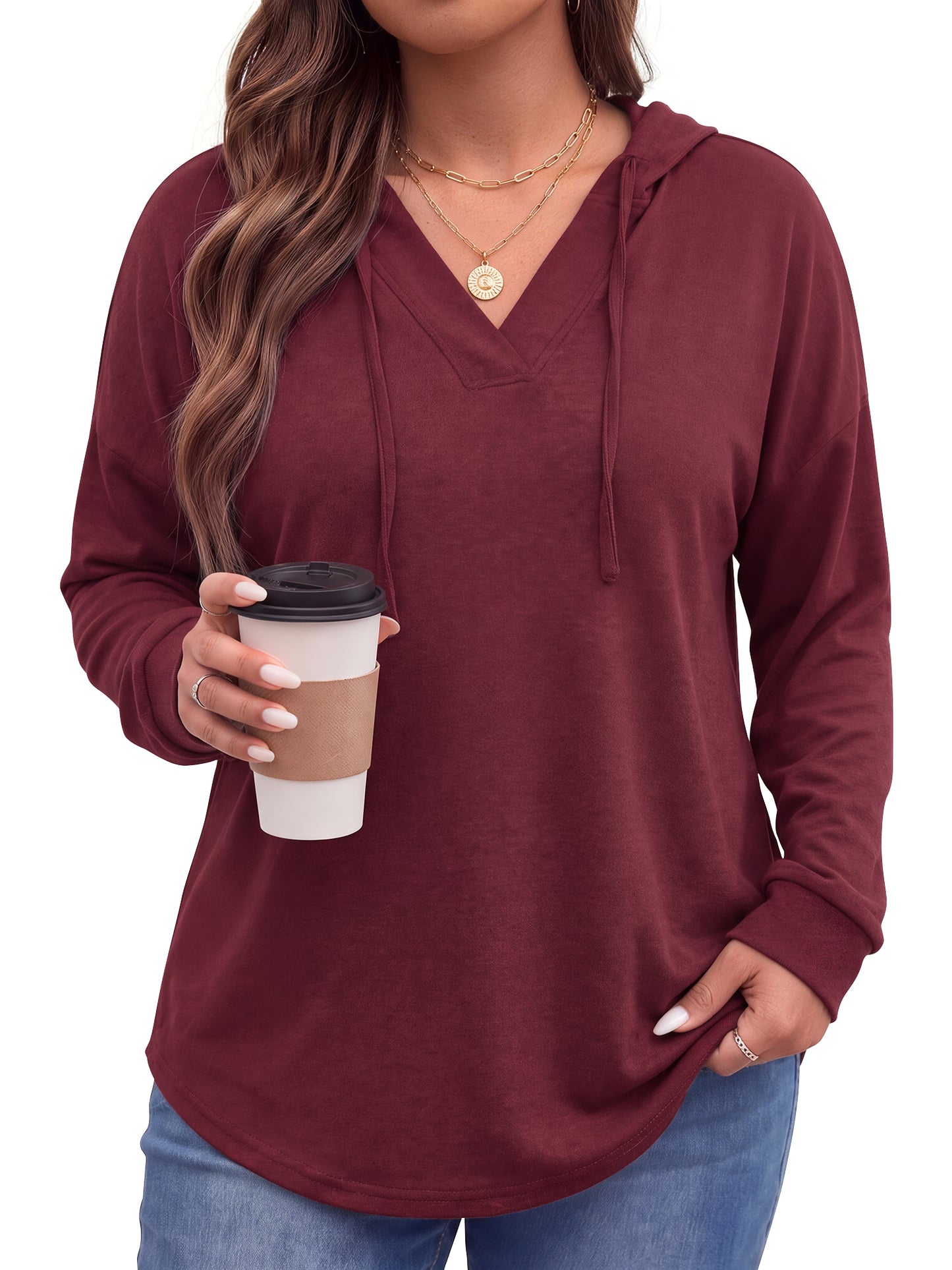 WellSize Plus Size Hoodies for Women V Neck Pullover Sweatshirts Drawstring Long Sleeve Tops Loose Fit Fall Outfits