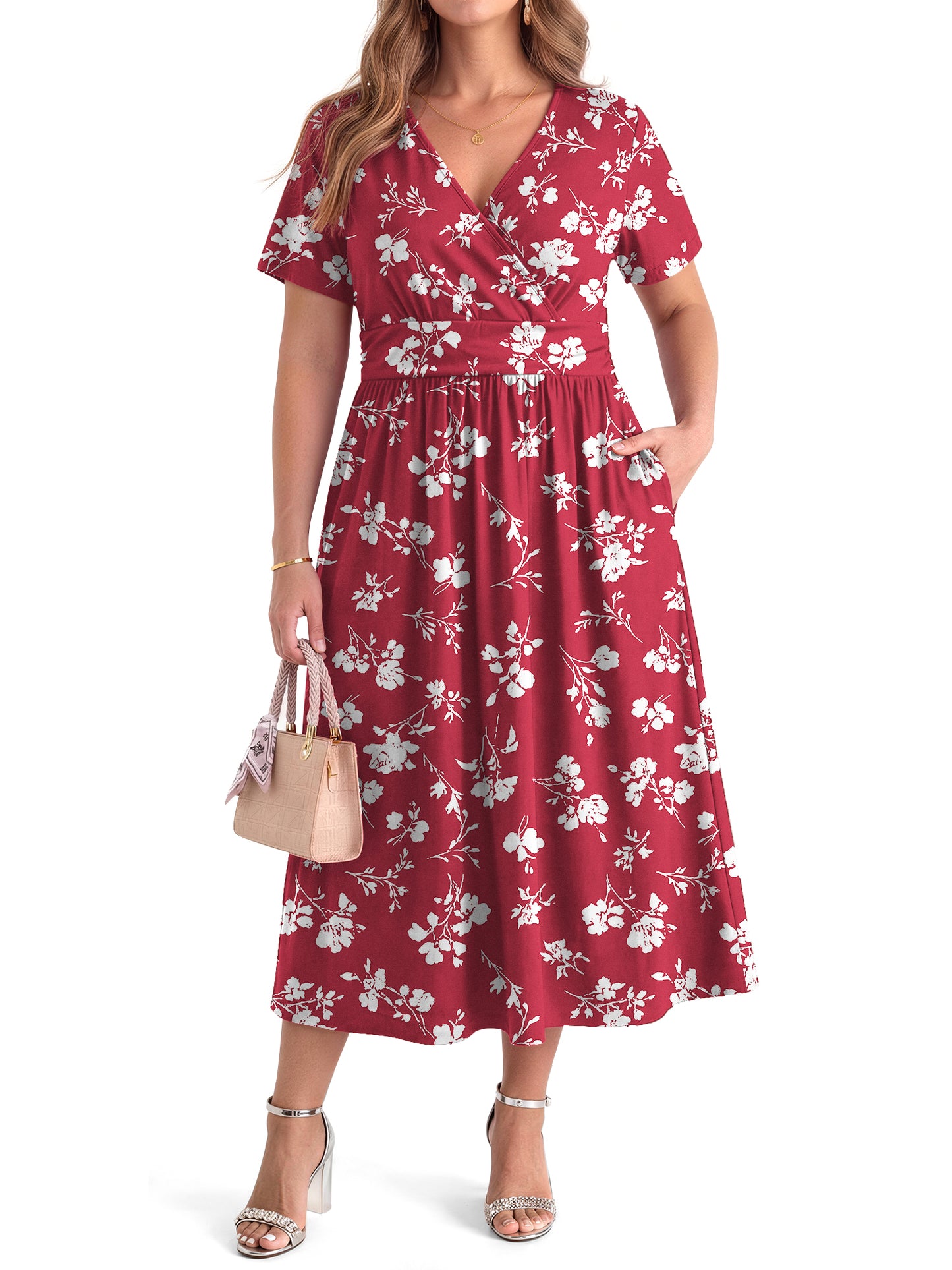 WellSize Plus Size Maxi Dresses for Women Casual V Neck Short Sleeve Floral Dress Summer Flowy Sundresses with Pockets