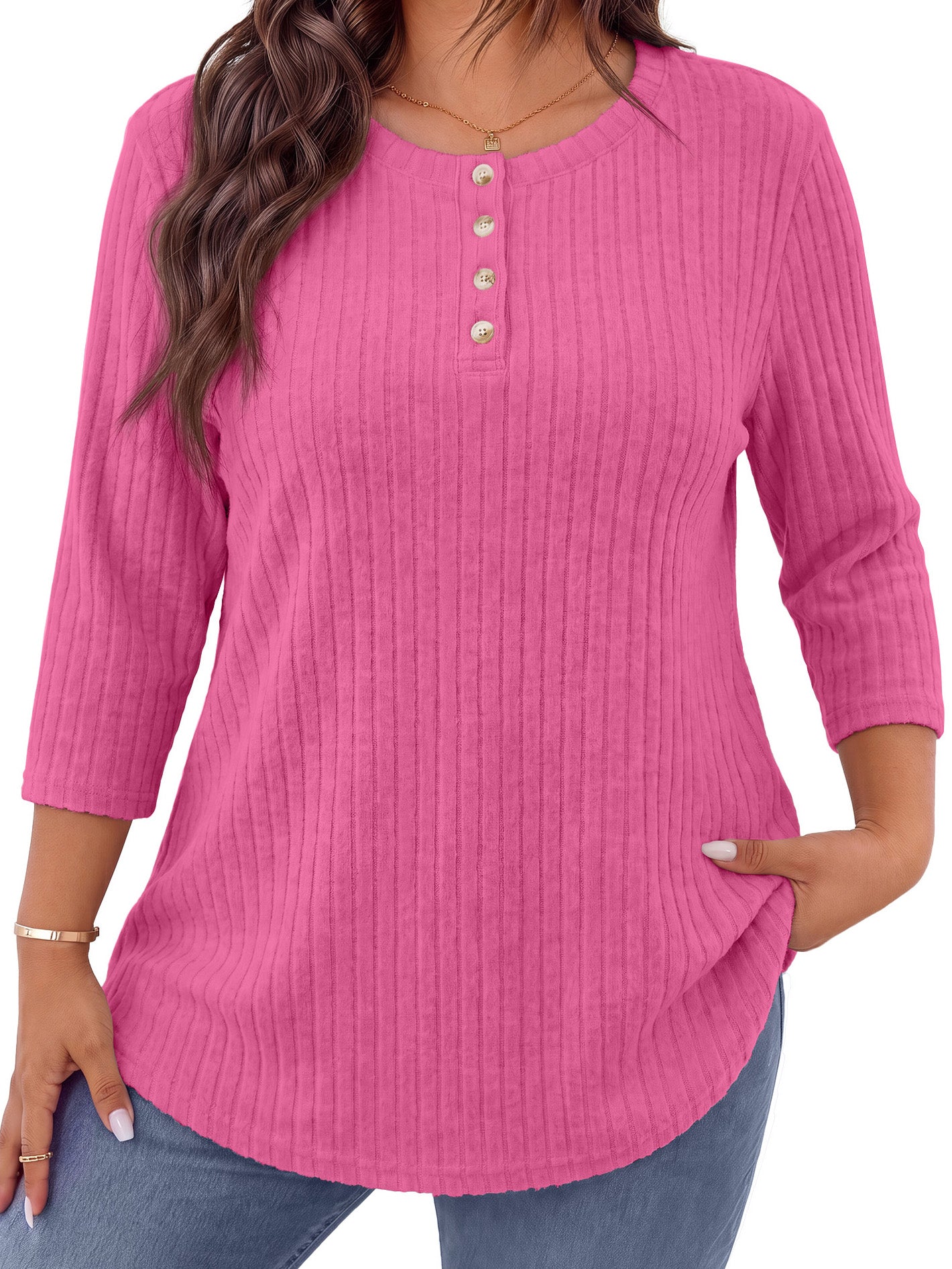 WellSize 3/4 Sleeve Blouses for Women Plus Size Henley Shirts Casual Crew Neck Tunic Tops Trendy Fall Pullover