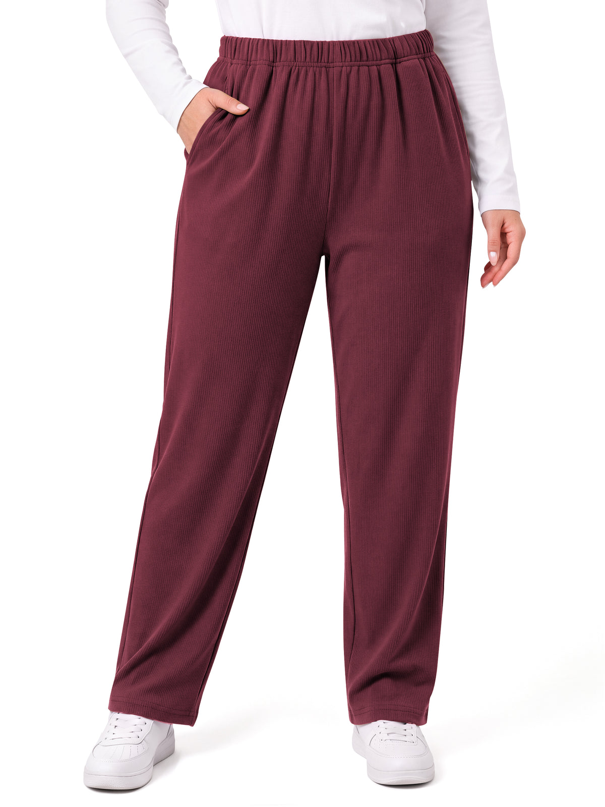 WellSize Womens Plus Size Stretch Knit Pants Elastic Waist Tapered Pull On Pants Casual Lounge Pants with Pockets