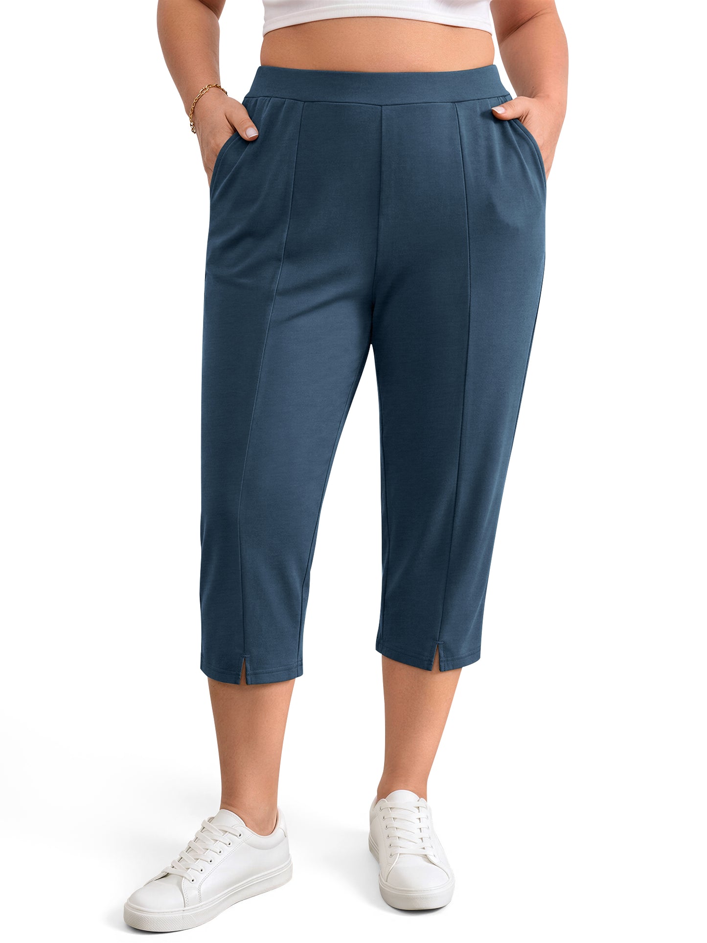 WellSize Plus Size Capri Pants for Women High Waisted Split Casual Lounge Pants With Pockets Summer Lightweight Cropped Pants