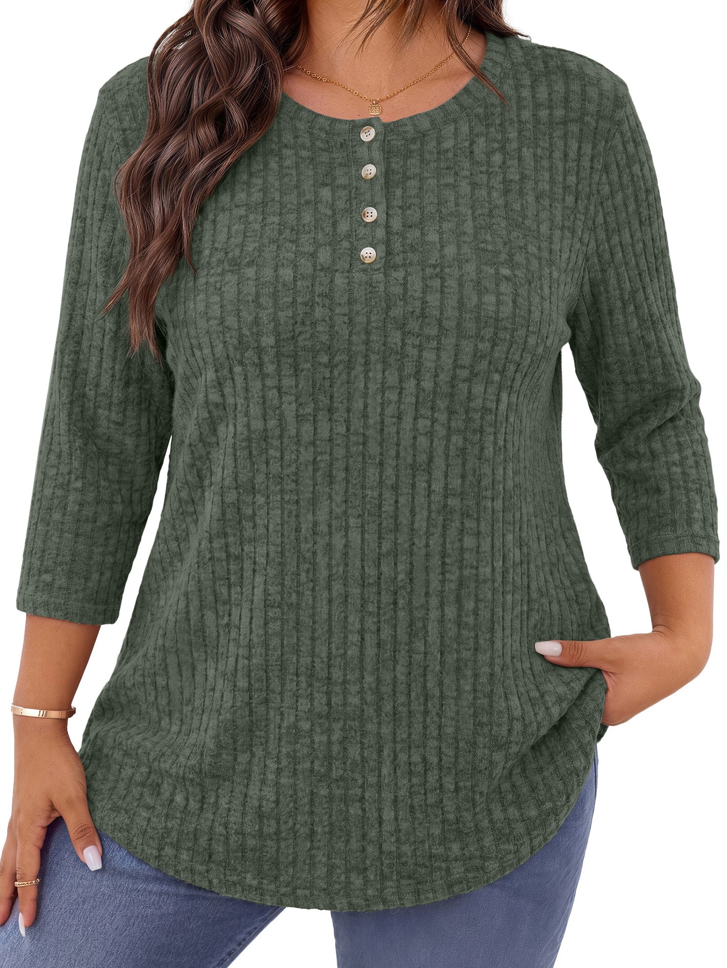 WellSize 3/4 Sleeve Blouses for Women Plus Size Henley Shirts Casual Crew Neck Tunic Tops Trendy Fall Pullover