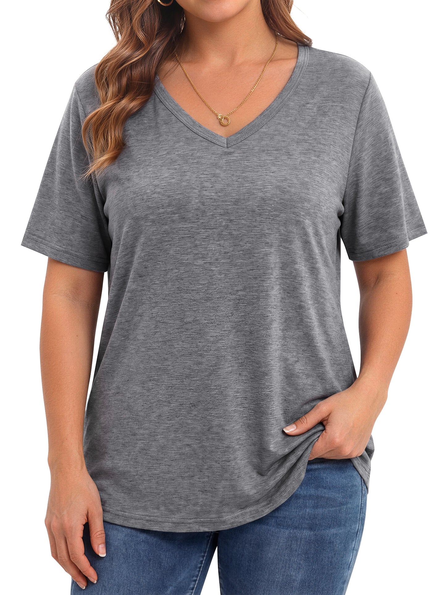 WellSize Plus Size Womens T Shirts V Neck Tunic Tops for Women Summer Short Sleeve Shirts Basic Tops