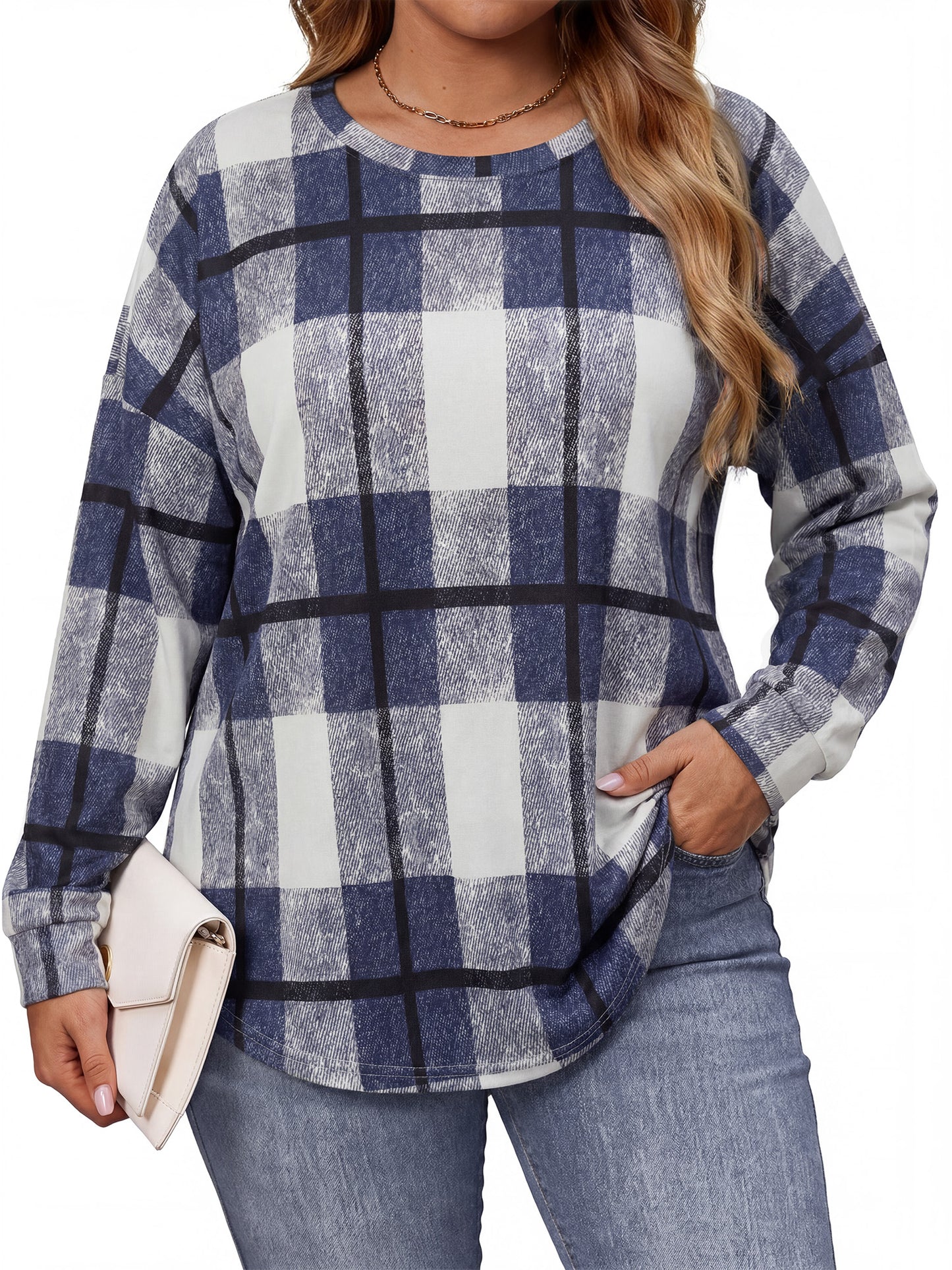 WellSize Plus Size Sweatshirts for Women Casual Plaid Crewneck Tops Tunic Pullover Sweatshirts Fall Outfits