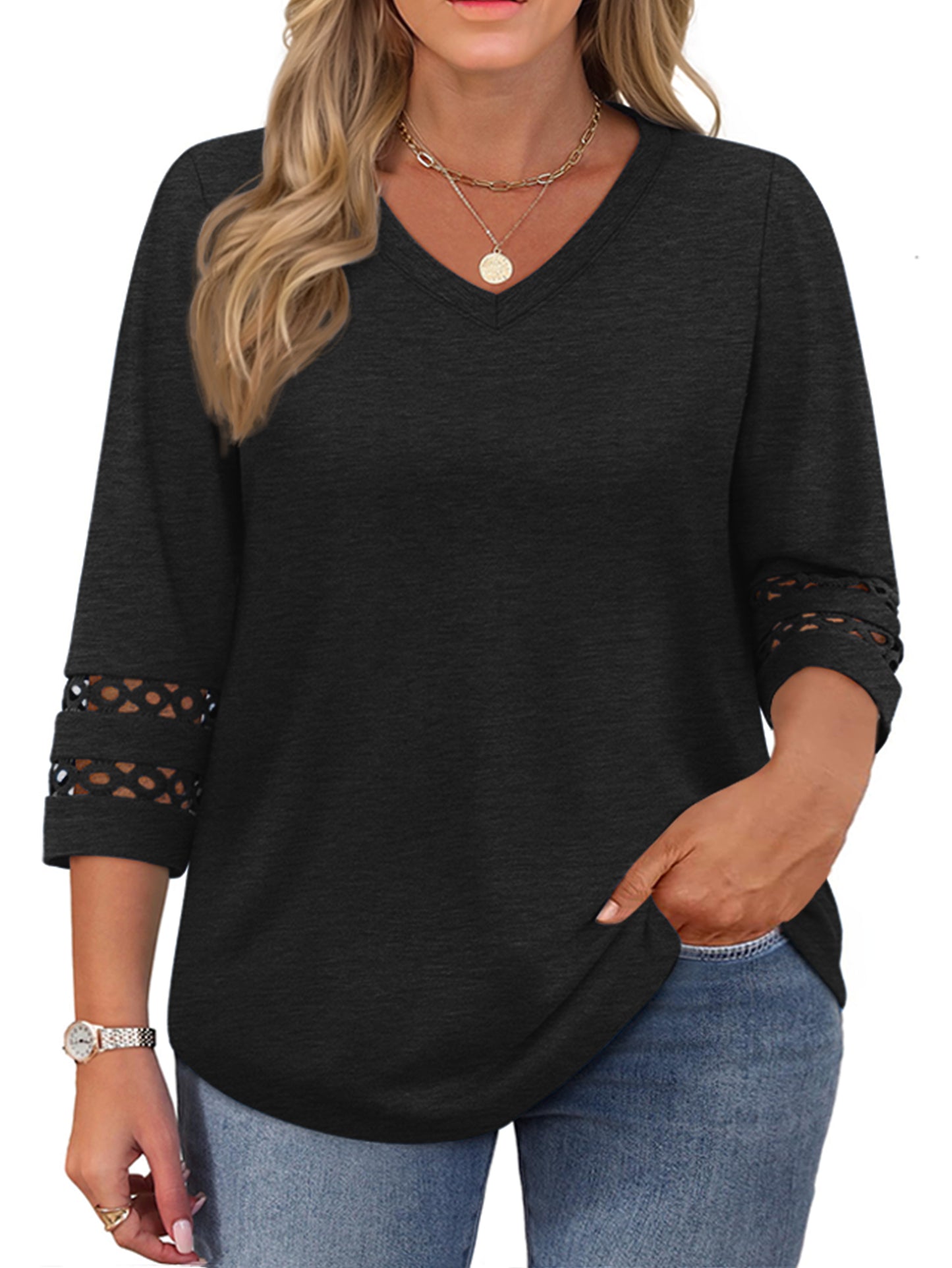 WellSize 3/4 Sleeve Womens Plus Size Tops V Neck Trendy Tunic Blouses Curved Hem Casual Shirts
