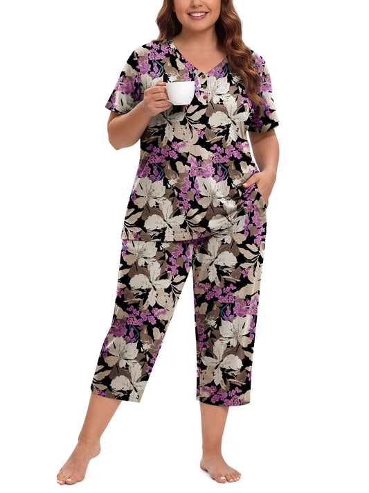 WellSize Plus Size Women Pajamas Set V Neck Short Sleeve Tops and Capris with Pockers Two Piece Lounge Sets Summer Oufits
