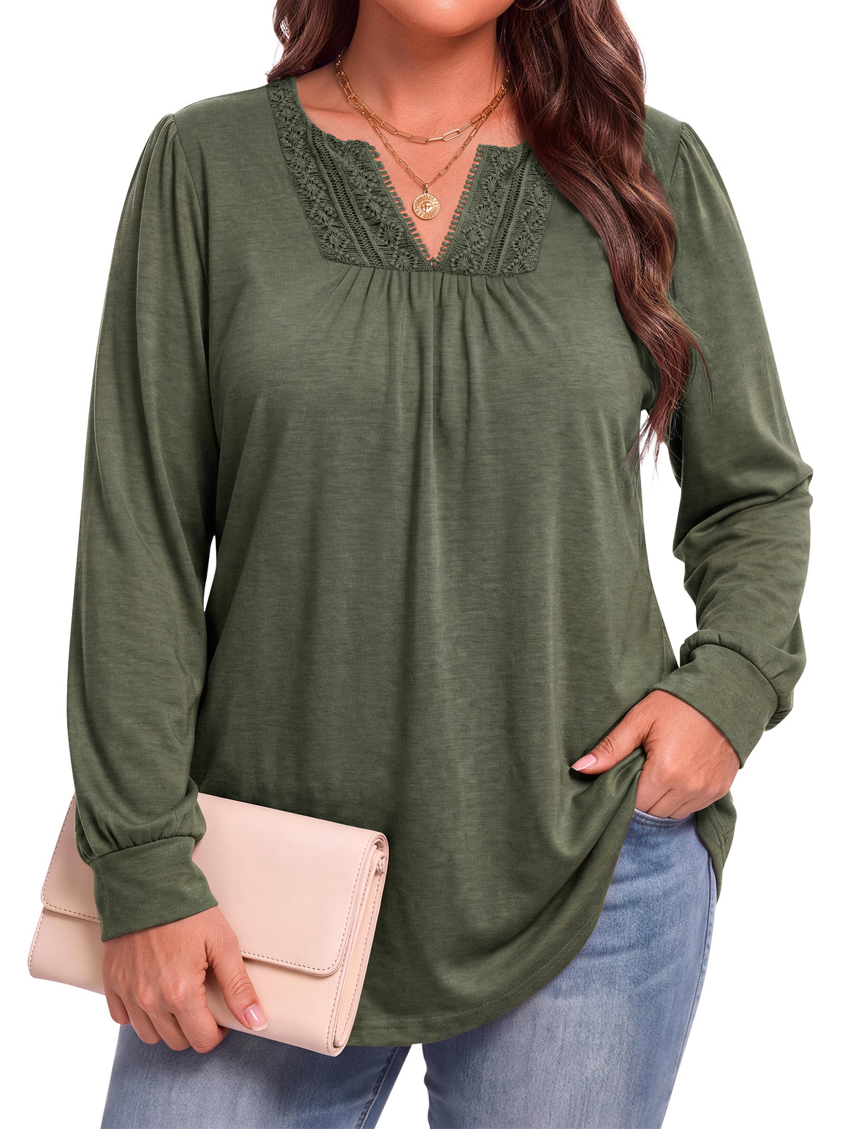 WellSize Plus Size Womens Tops Lace Long Sleeve Shirts for Women Casual V Neck Fall Tunic Blouses