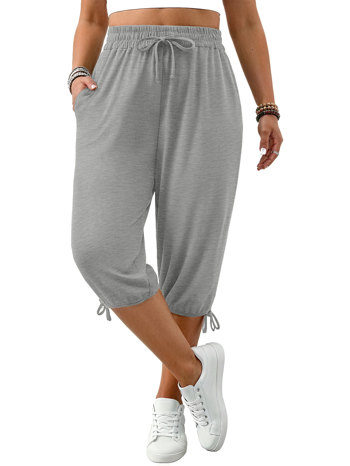 WellSize Plus Size Capris Pants for Women Lightweight Casual Joggers with Pockets Loose Fit High Waisted Pants
