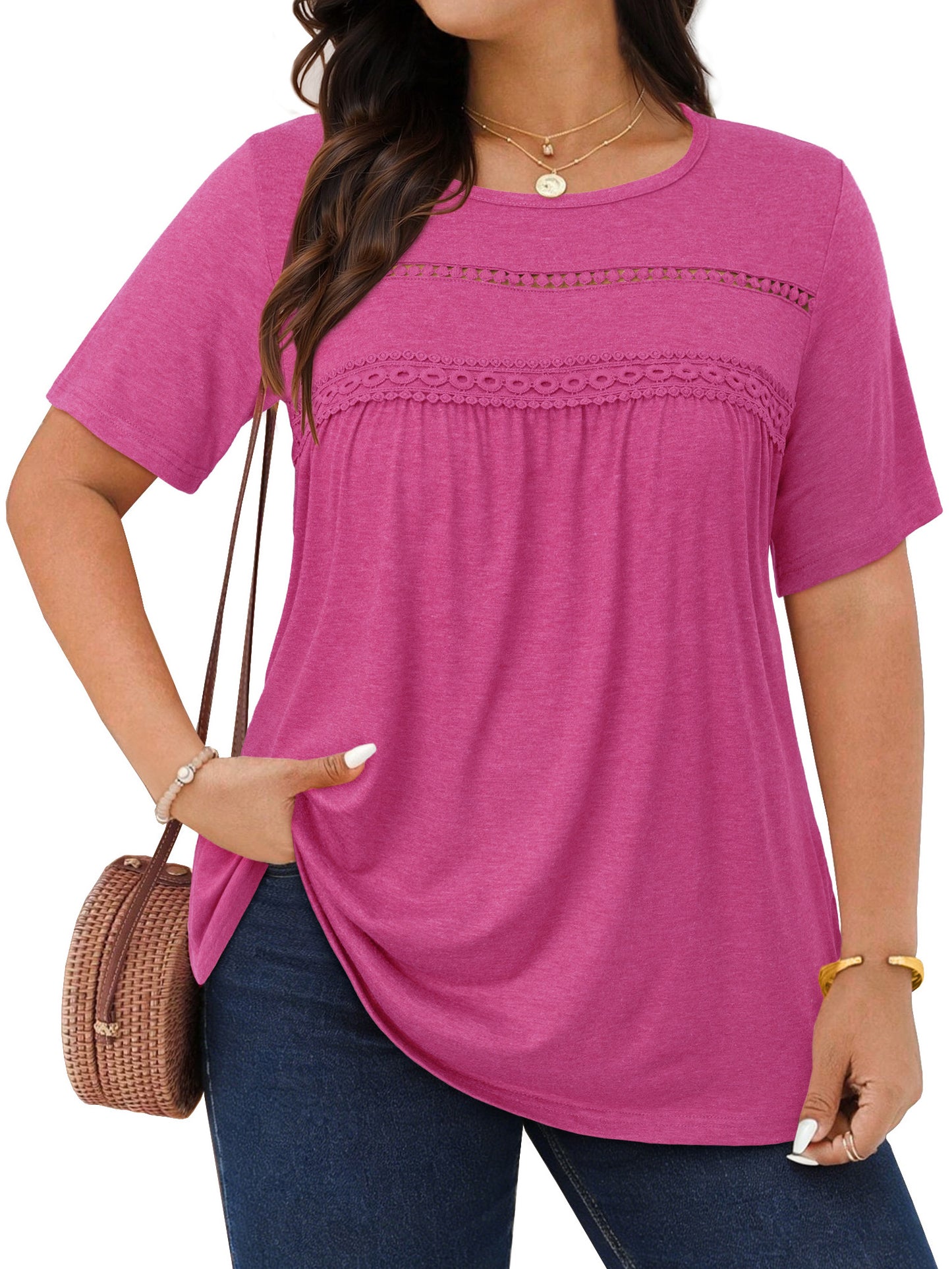 WellSize Lace Plus Size Women Blouses Casual Tunic Boho Tops Crew Neck Short Sleeve Shirts Trendy Summer Blouses