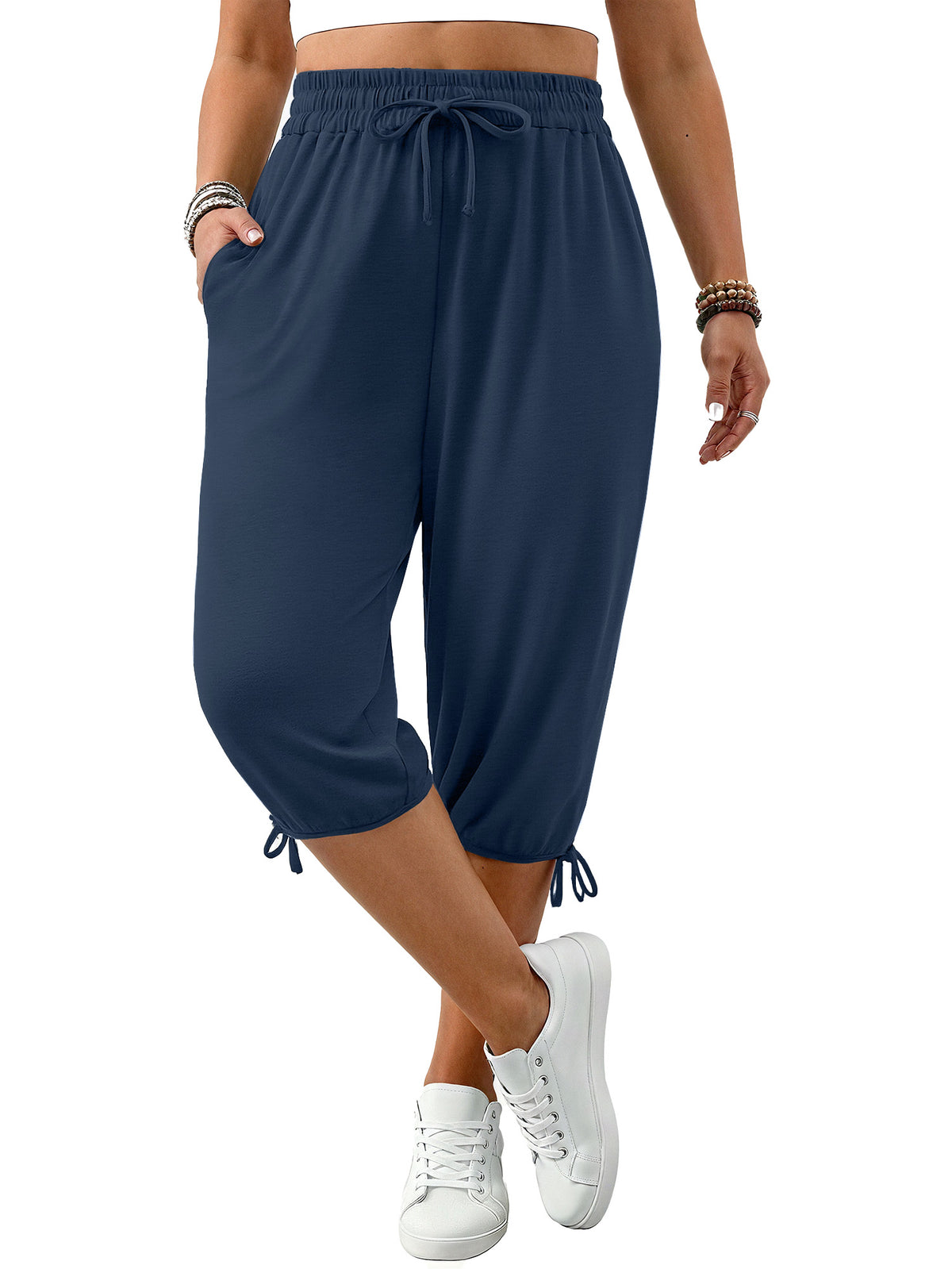 WellSize Plus Size Capris Pants for Women Lightweight Casual Joggers with Pockets Loose Fit High Waisted Pants