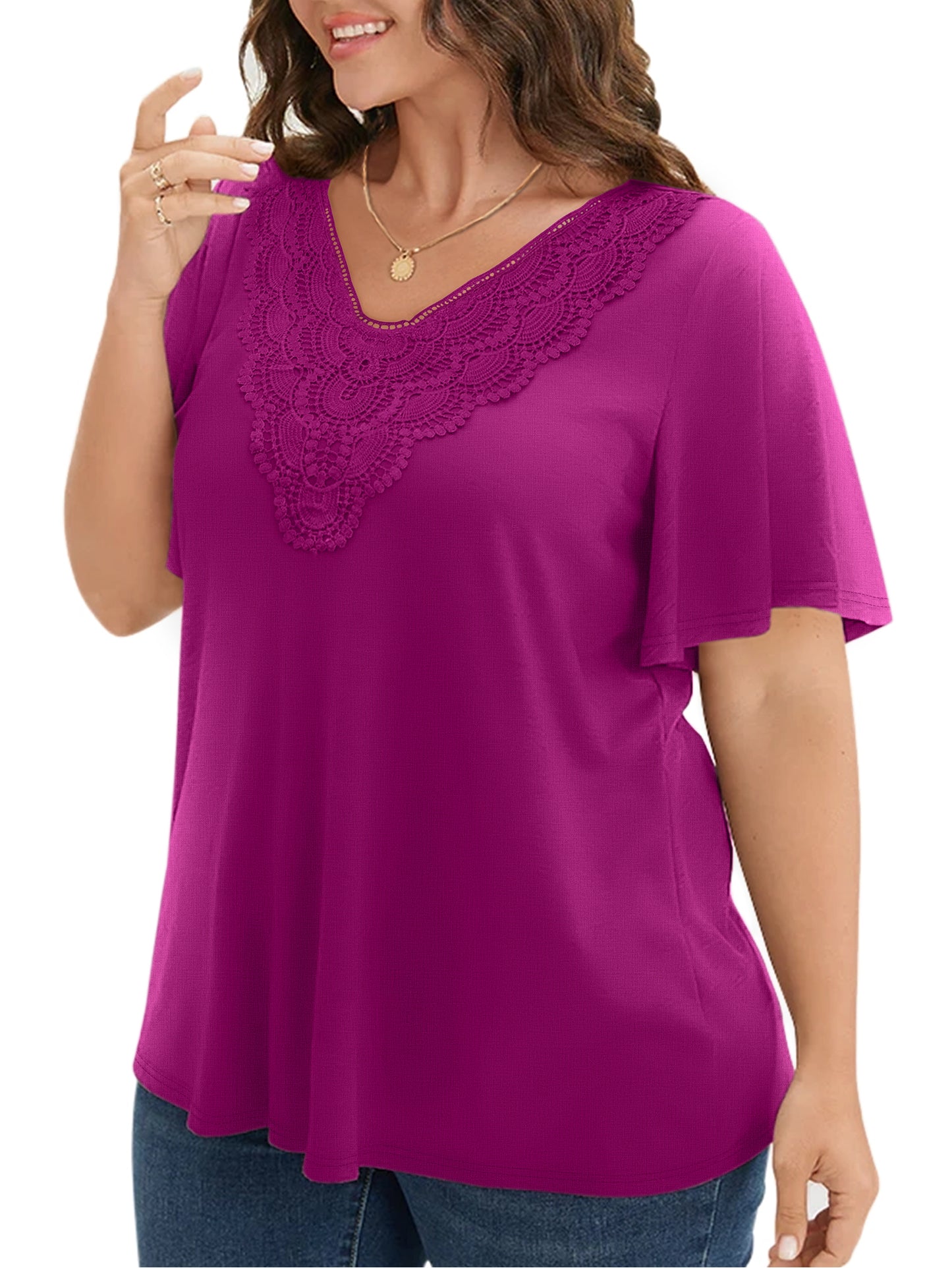 WellSize Women Plus Size Tops Dressy Lace V Neck Shirts Casaul Short Sleeve Tunic Blouses