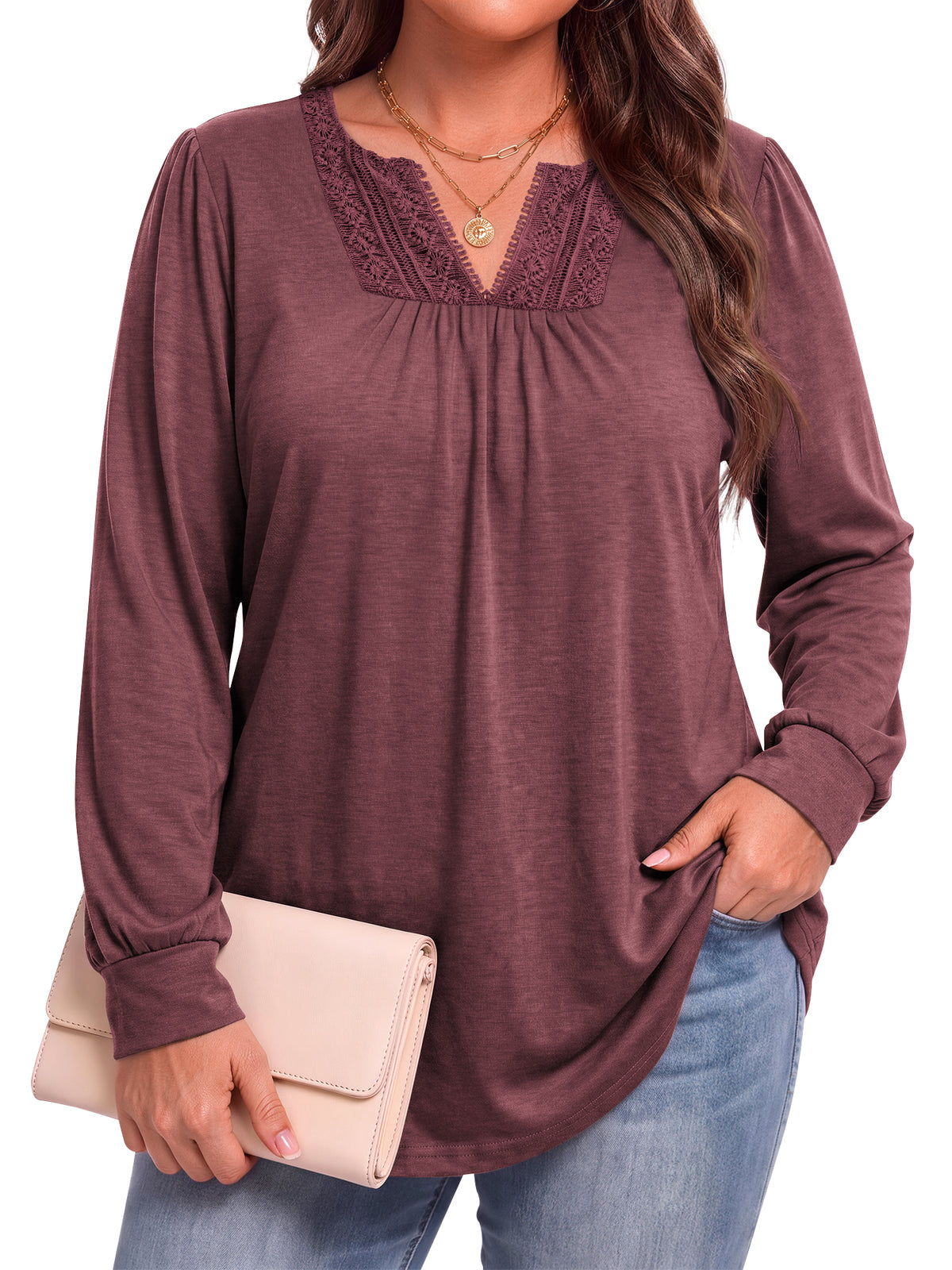 WellSize Plus Size Womens Tops Lace Long Sleeve Shirts for Women Casual V Neck Fall Tunic Blouses