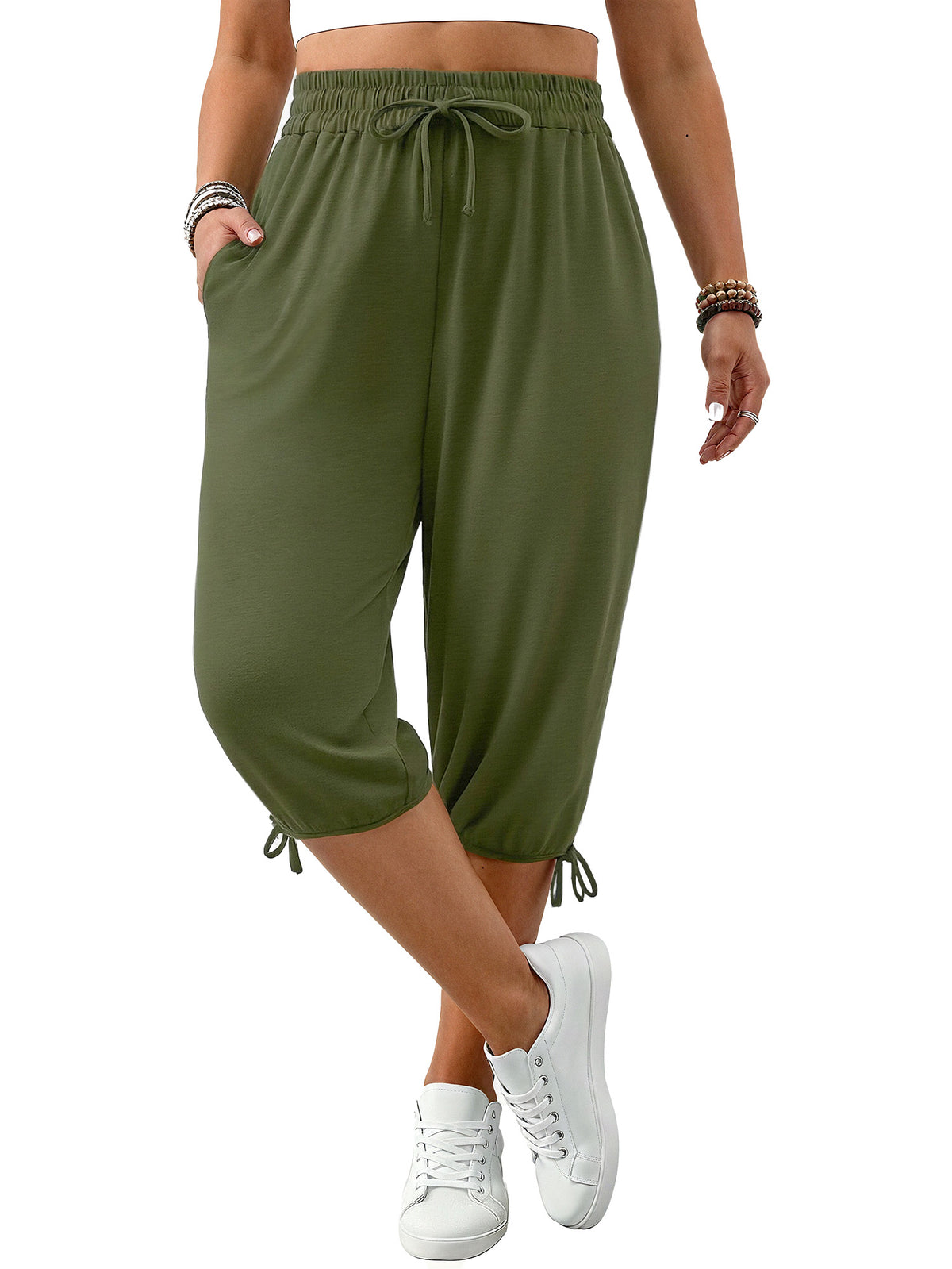 WellSize Plus Size Capris Pants for Women Lightweight Casual Joggers with Pockets Loose Fit High Waisted Pants