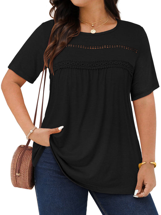 WellSize Lace Plus Size Women Blouses Casual Tunic Boho Tops Crew Neck Short Sleeve Shirts Trendy Summer Blouses