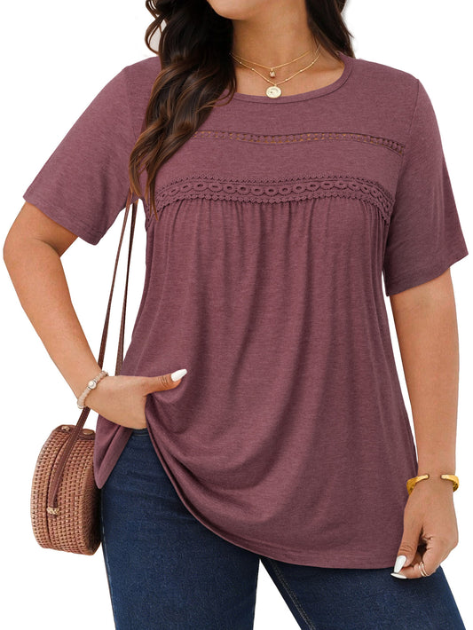 WellSize Lace Plus Size Women Blouses Casual Tunic Boho Tops Crew Neck Short Sleeve Shirts Trendy Summer Blouses
