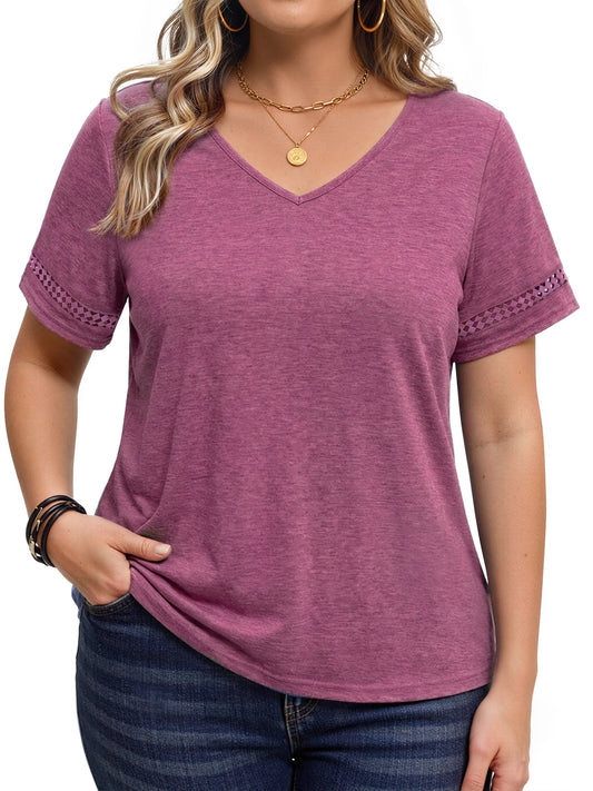 WellSize Plus Size V Neck Tops for Women Casual Short Sleeve T Shirts Trendy Hollow Out Summer Blouses