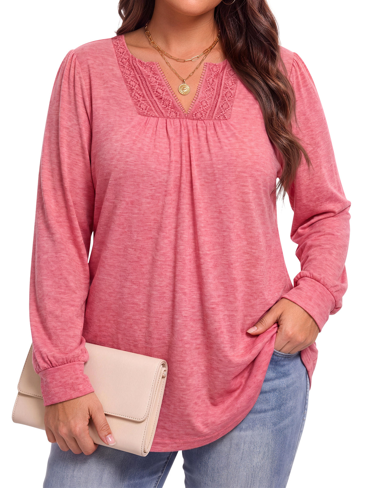 WellSize Plus Size Womens Tops Lace Long Sleeve Shirts for Women Casual V Neck Fall Tunic Blouses