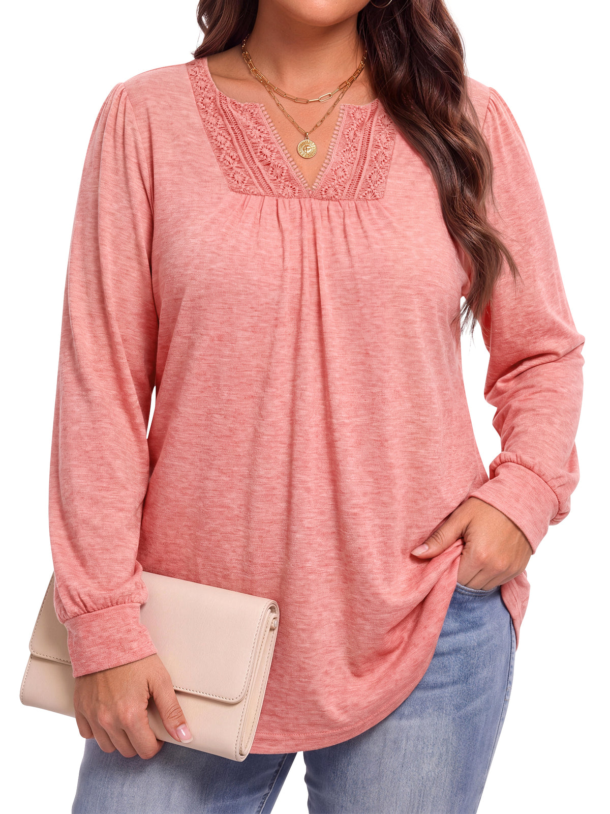WellSize Plus Size Womens Tops Lace Long Sleeve Shirts for Women Casual V Neck Fall Tunic Blouses