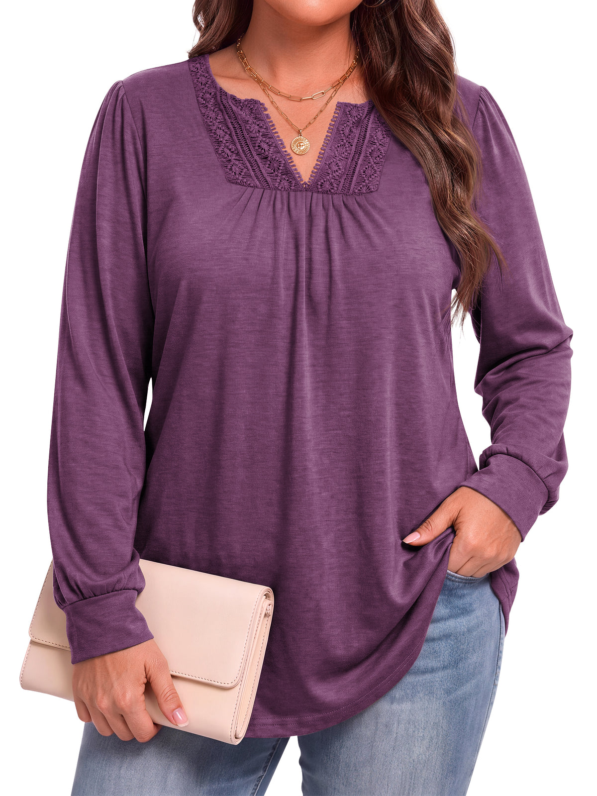 WellSize Plus Size Womens Tops Lace Long Sleeve Shirts for Women Casual V Neck Fall Tunic Blouses