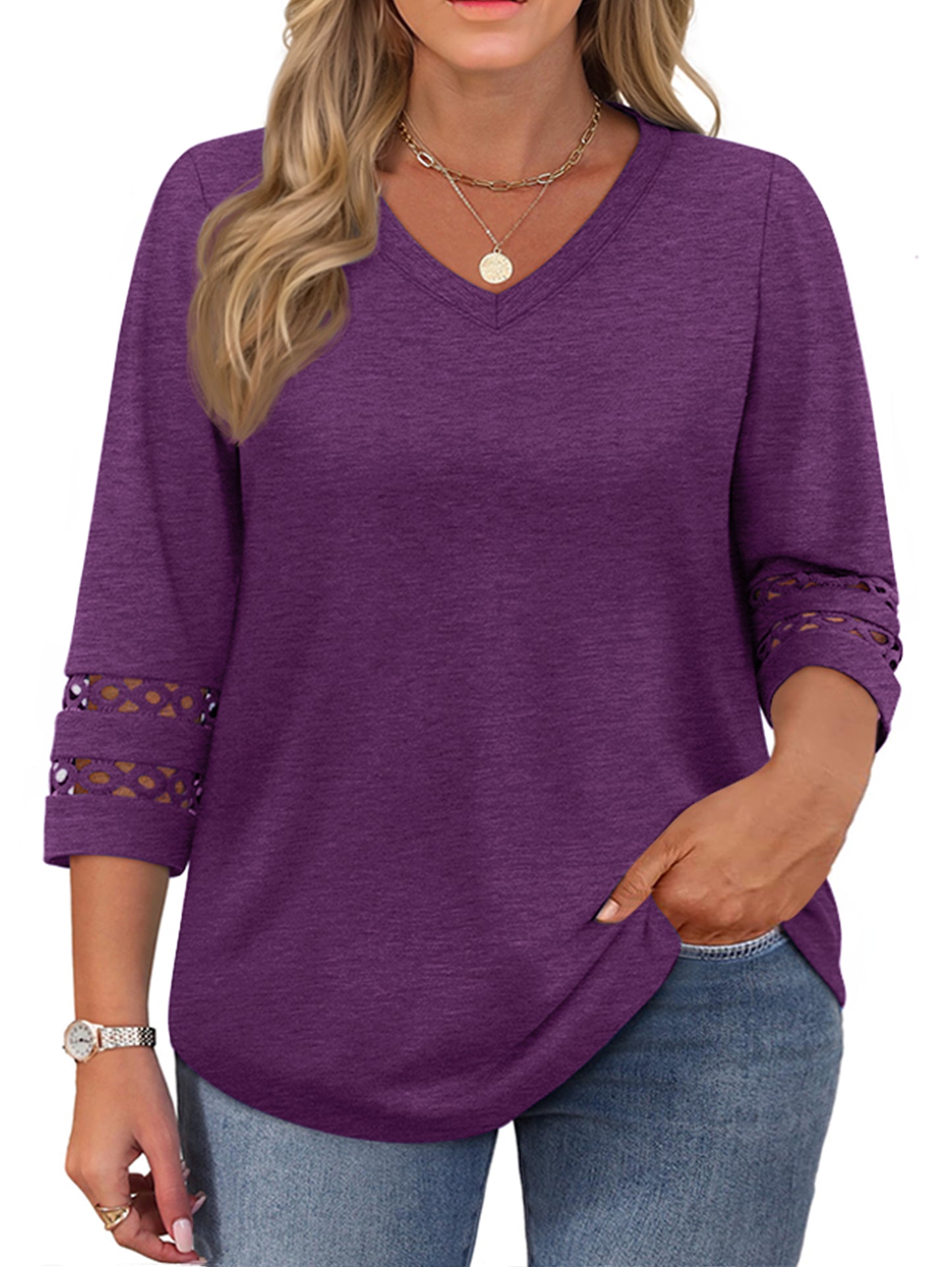 WellSize 3/4 Sleeve Womens Plus Size Tops V Neck Trendy Tunic Blouses Curved Hem Casual Shirts
