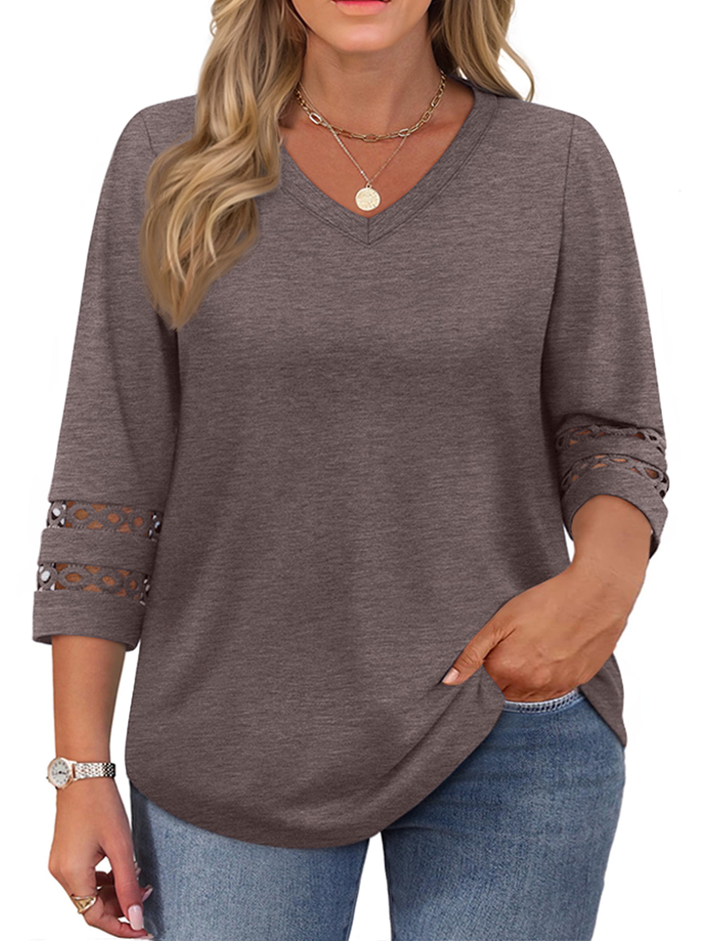 WellSize 3/4 Sleeve Womens Plus Size Tops V Neck Trendy Tunic Blouses Curved Hem Casual Shirts