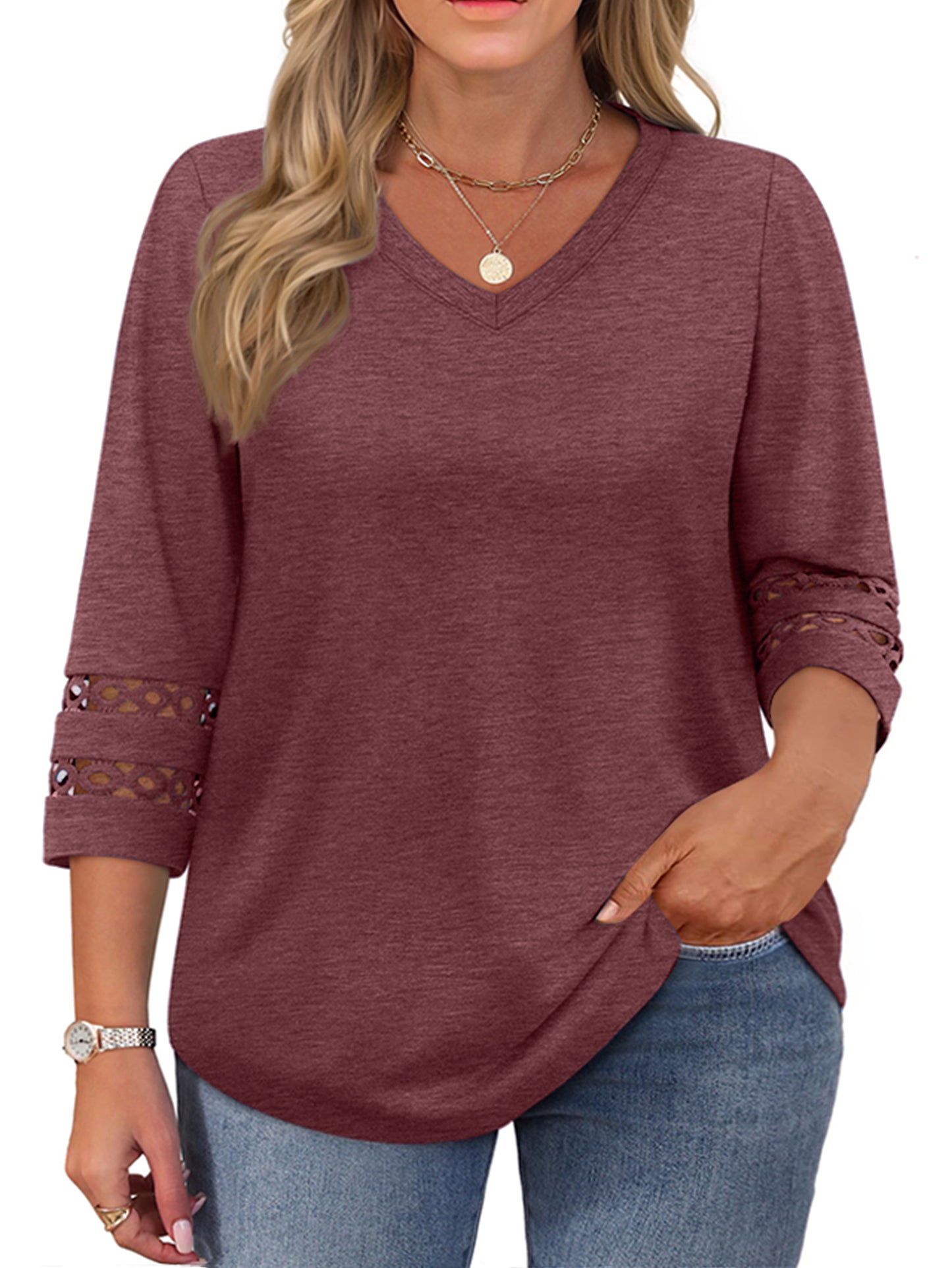 WellSize 3/4 Sleeve Womens Plus Size Tops V Neck Trendy Tunic Blouses Curved Hem Casual Shirts