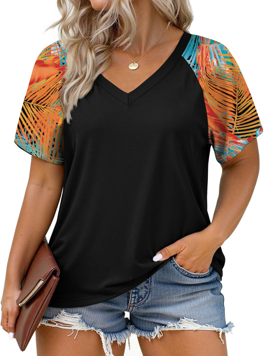 WellSize Plus Size T Shirts for Women Color Block Short Sleeve Tunic Tops Casual V Neck Summer Blouses