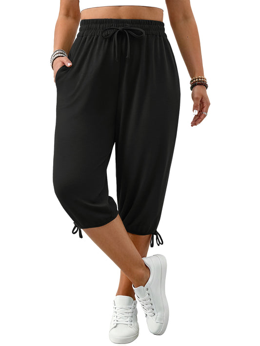 WellSize Plus Size Capris Pants for Women Lightweight Casual Joggers with Pockets Loose Fit High Waisted Pants