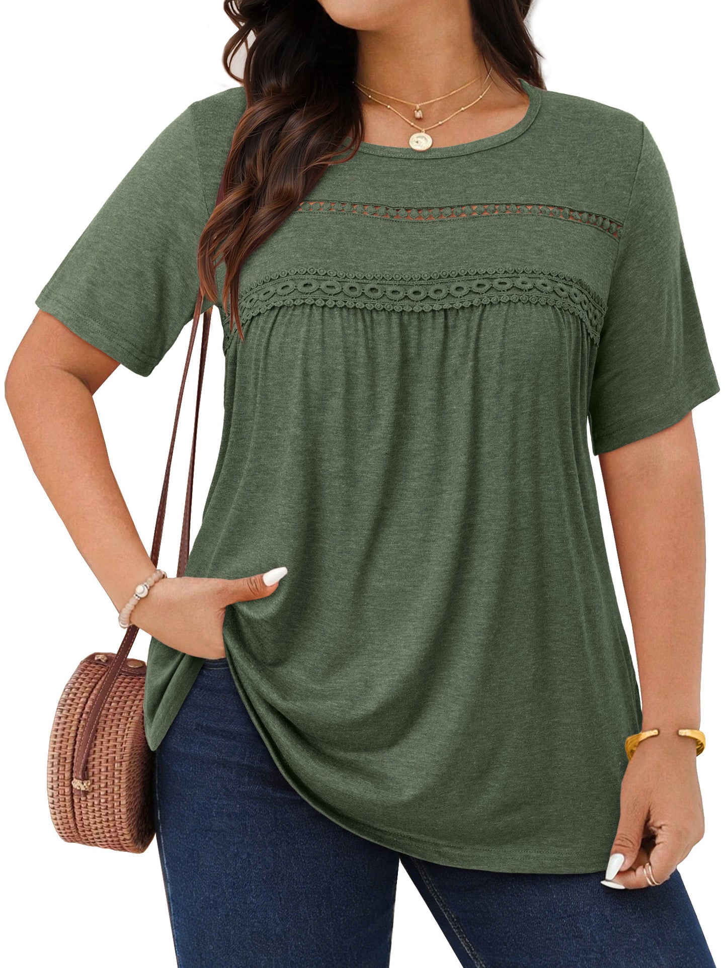 WellSize Lace Plus Size Women Blouses Casual Tunic Boho Tops Crew Neck Short Sleeve Shirts Trendy Summer Blouses