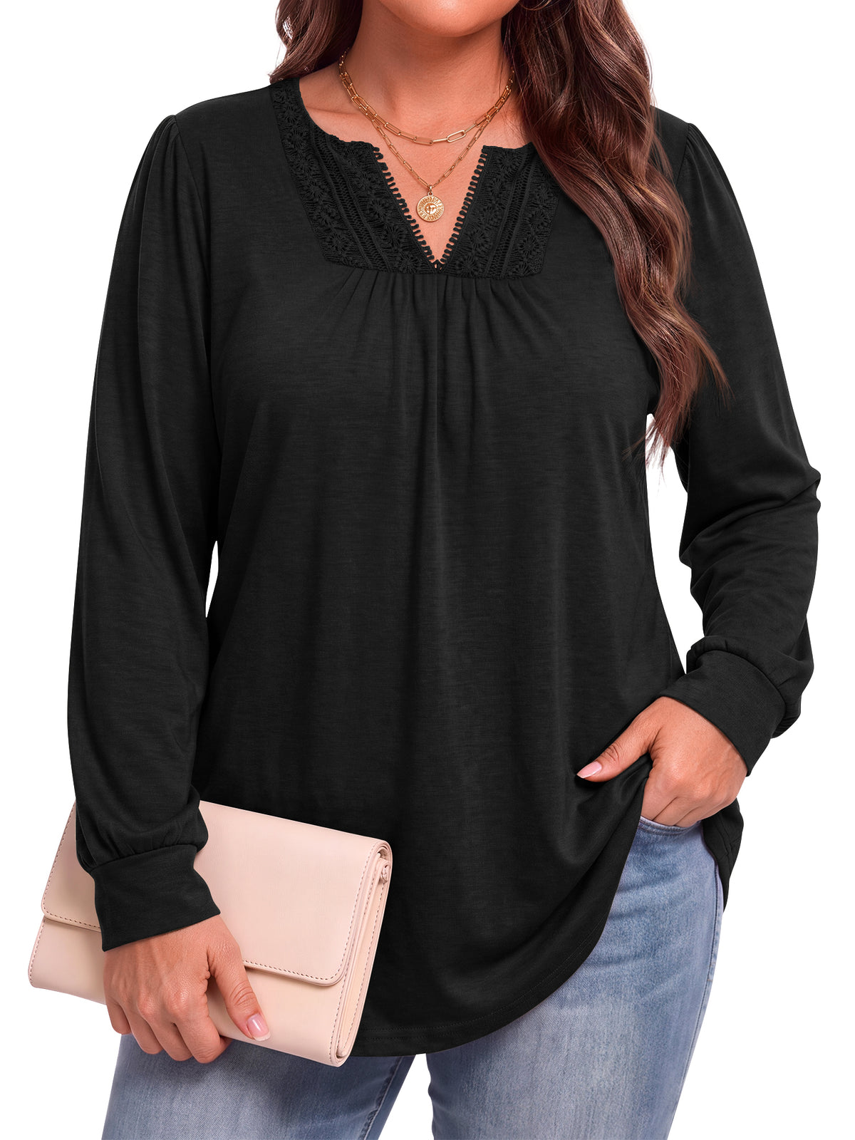 WellSize Plus Size Womens Tops Lace Long Sleeve Shirts for Women Casual V Neck Fall Tunic Blouses
