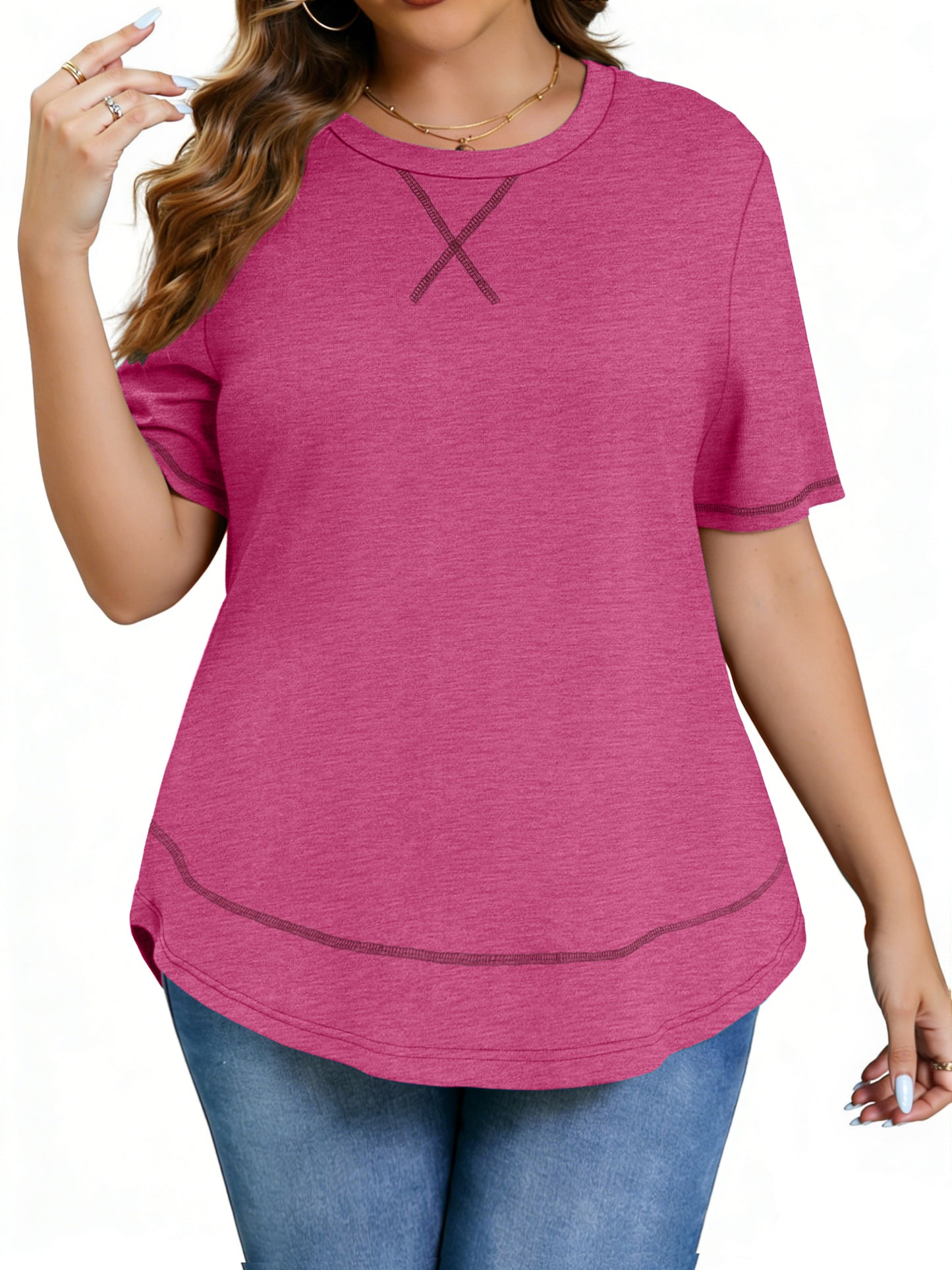 WellSize Womens Plus size Tops Curved Hem Summer Short Sleeve Shirts Loose Casual Tunic Tee